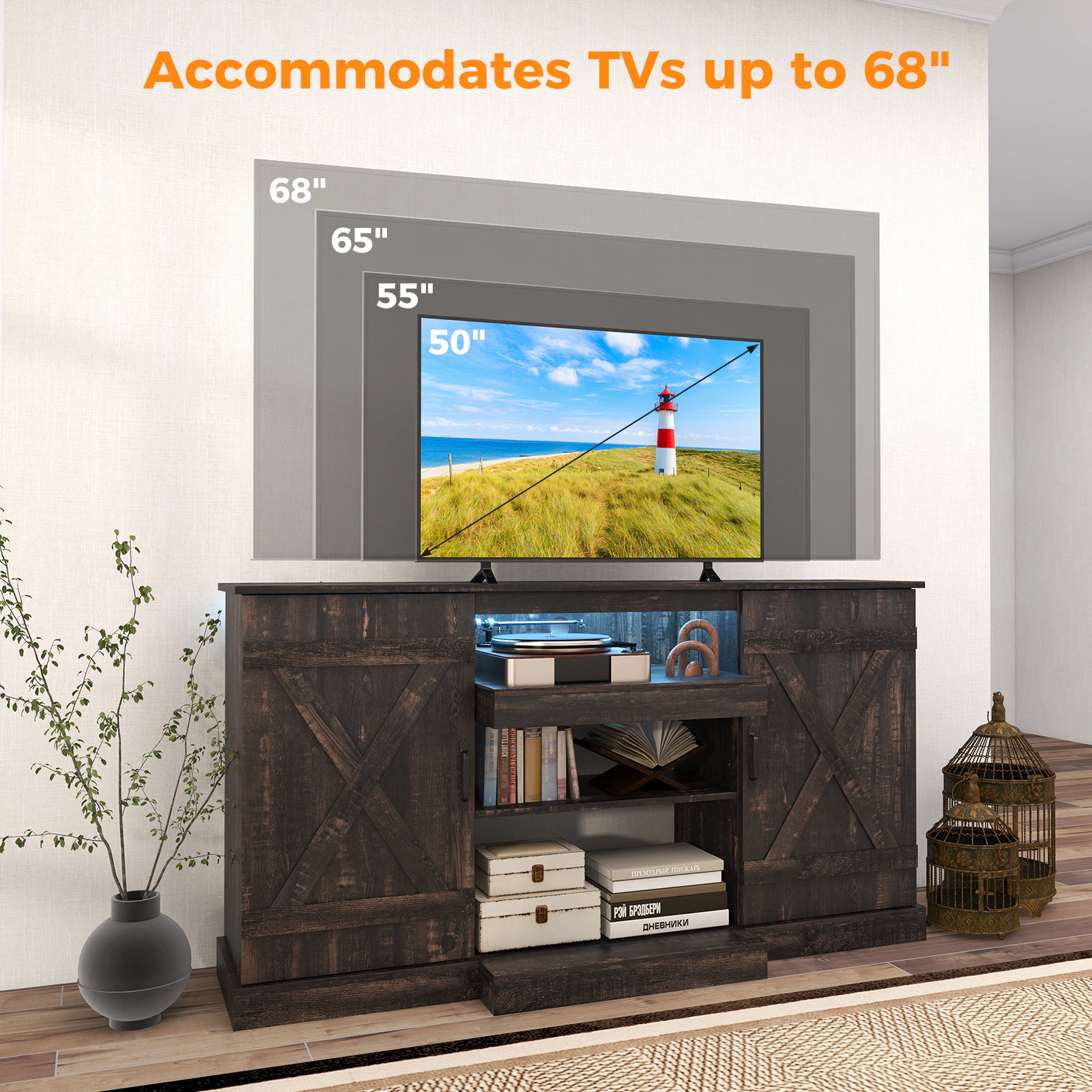 Glintex 59-Inch Rustic LED TV Stand with Central Fireplace Bay, Dark Rustic Oak