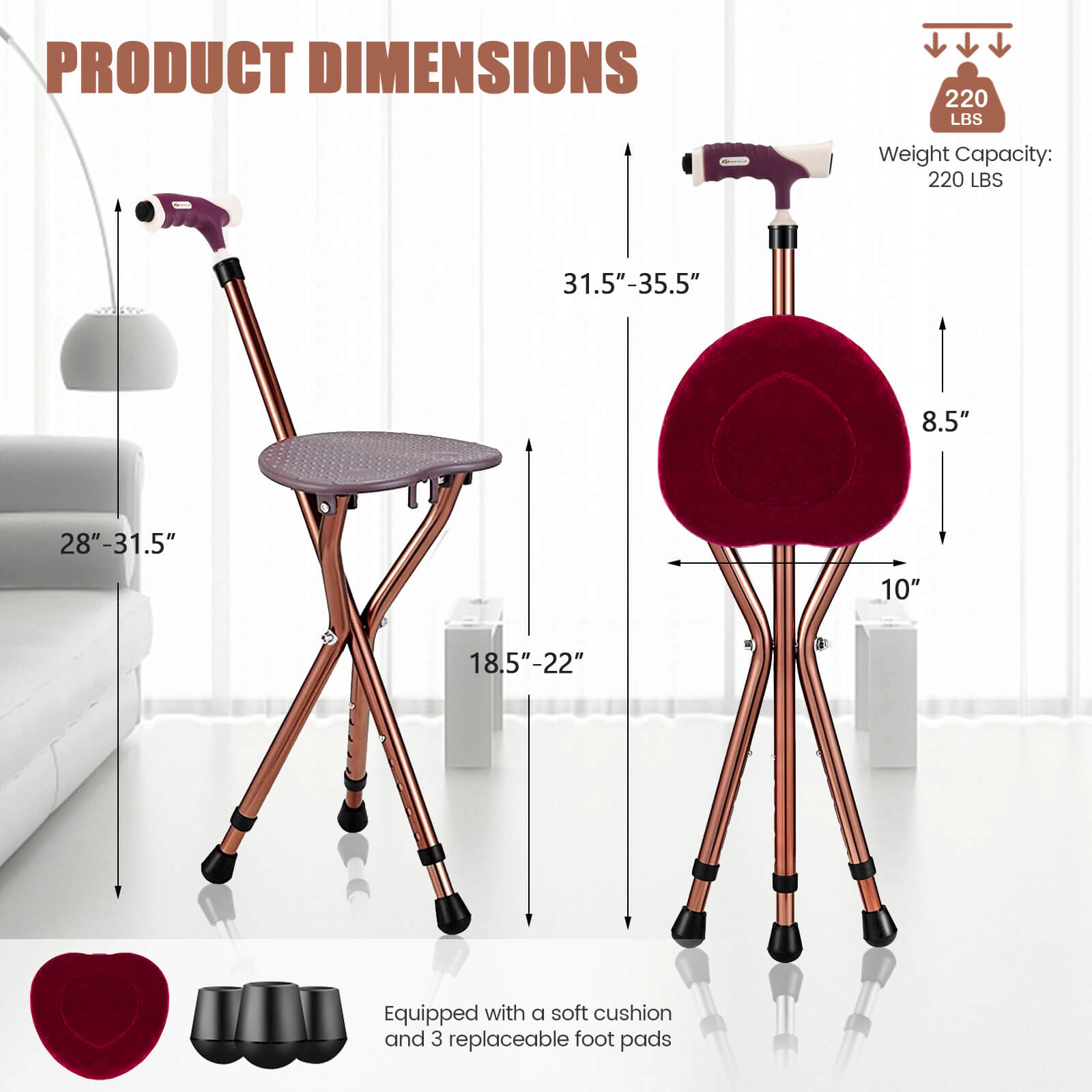 SUGIFT Brown Folding Walking Cane with Seat and LED Light 10-in W 8.5-in D 35.5-in H 220-lb User Capacity