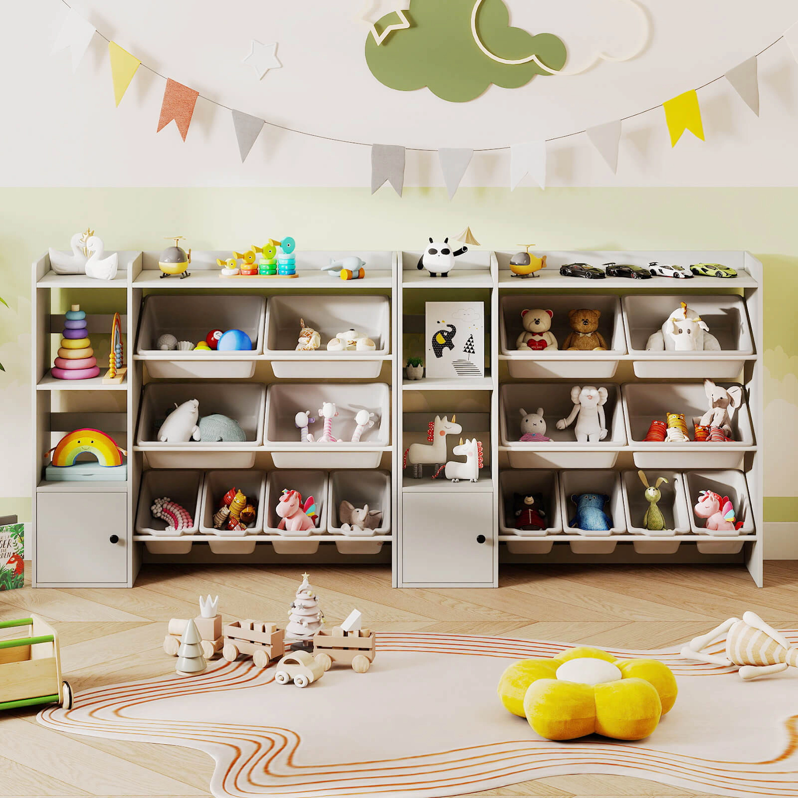 Costway Kids Toy Storage and Bookshelf, Wooden Bookcase with 4 Small Boxes & Large Gray