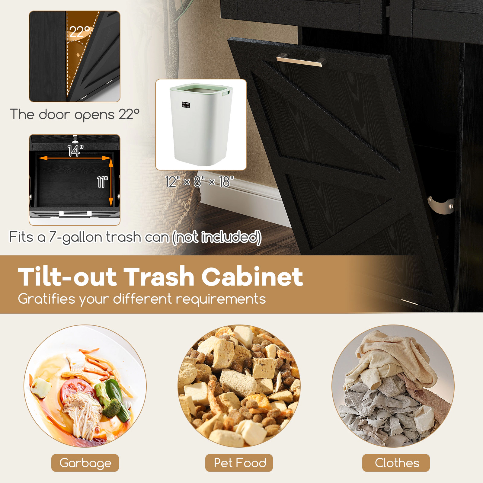SUGIFT Rolling Kitchen Island with Drop Leaf Top Trash Can Cabinet and Rubber Universal Wheels 440-lb Capacity Black