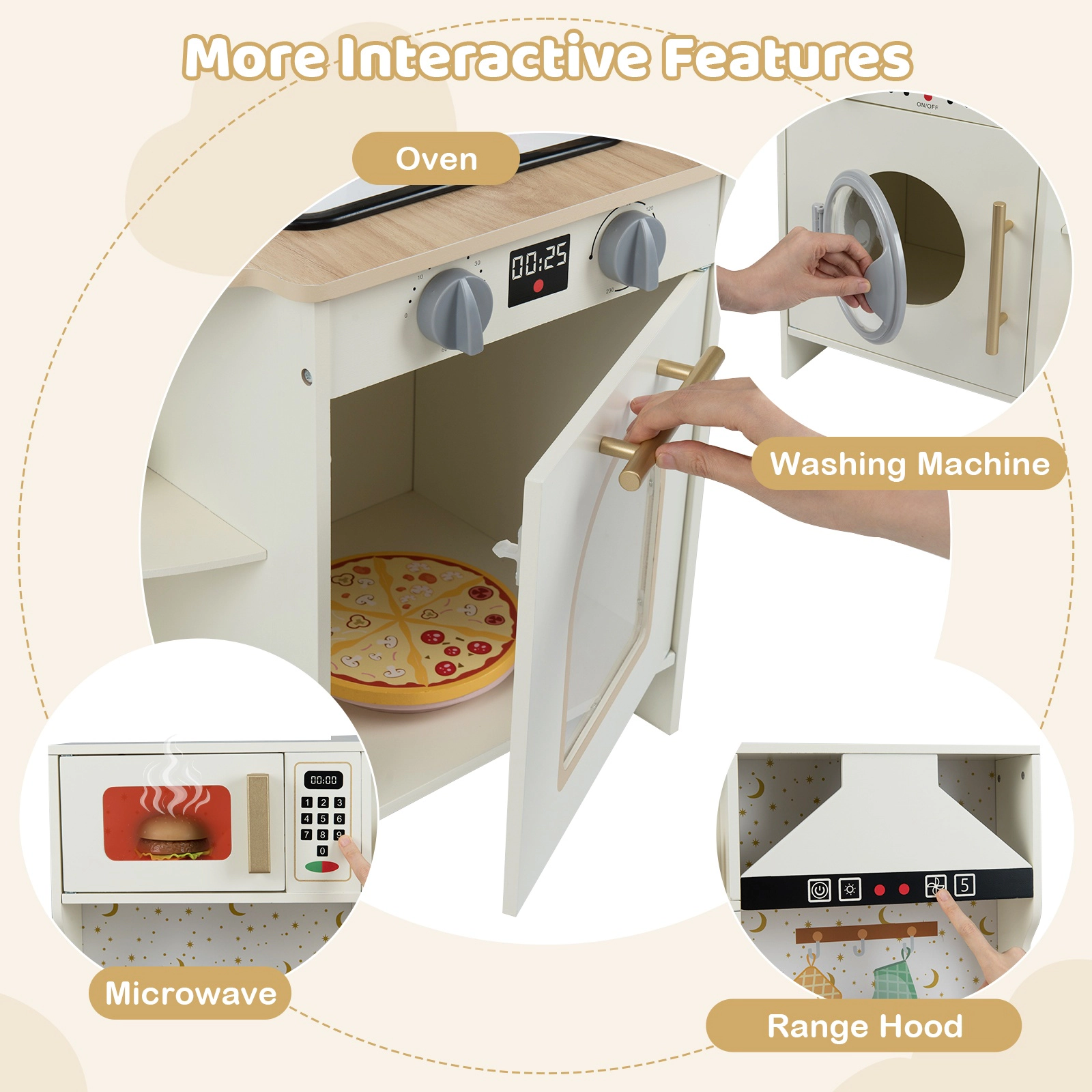 SUGIFT Beige Working Faucet Sink and Washing Machine Kids Wooden Corner Play Kitchen