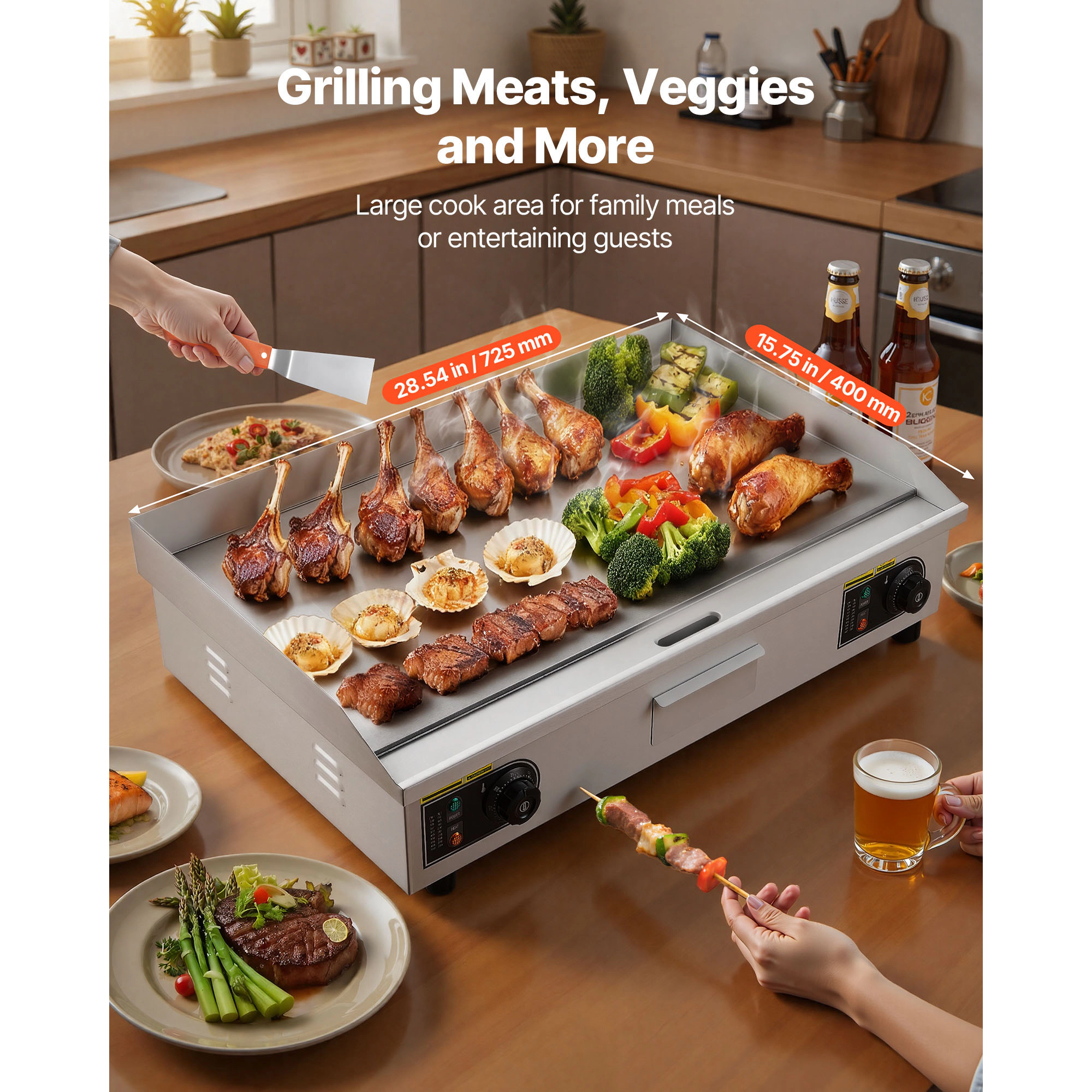HONGGE Commercial Electric Griddle, 122-570°F Adjustable Temp Control, Stainless Steel, with 2 Spatulas, 2 Brushes