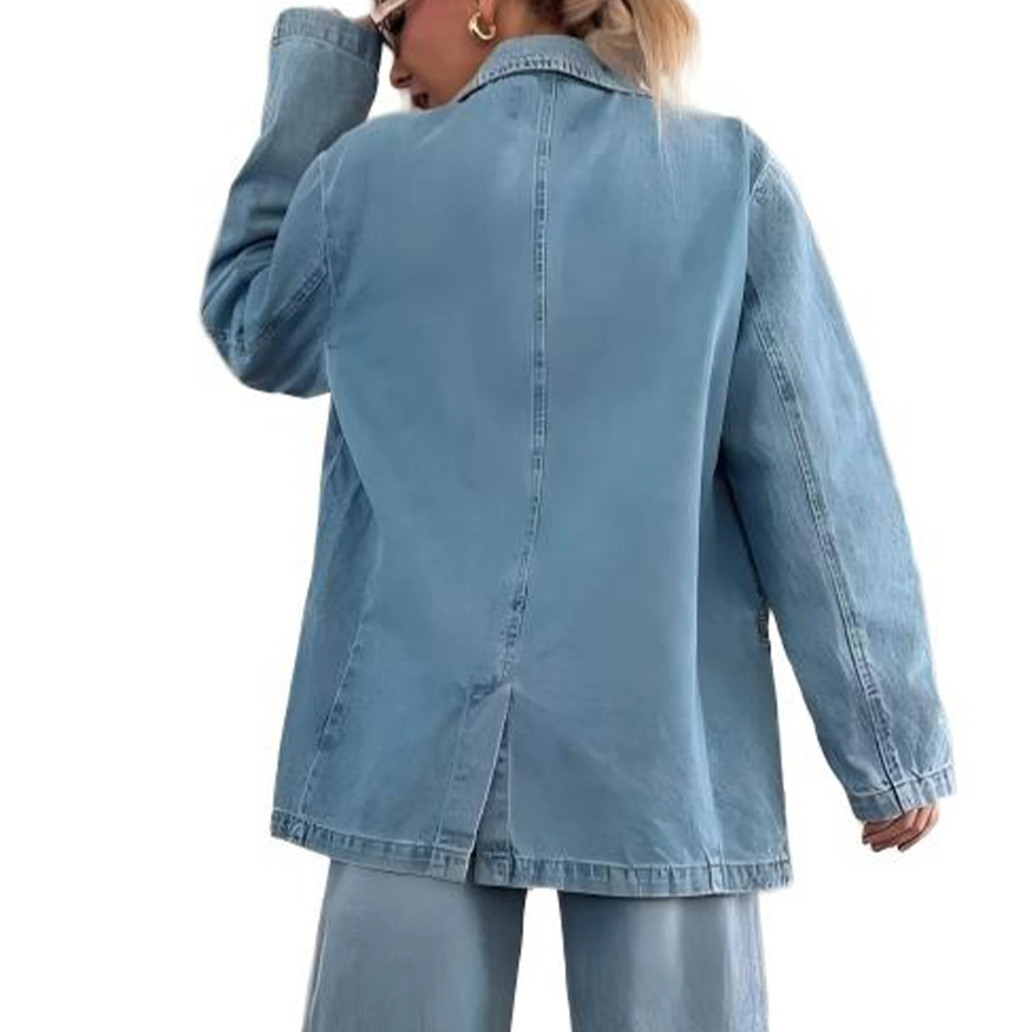 YesFashion Women Denim Blazer Jacket Lapel Long Sleeve Open Front Casual Jean with Pockets