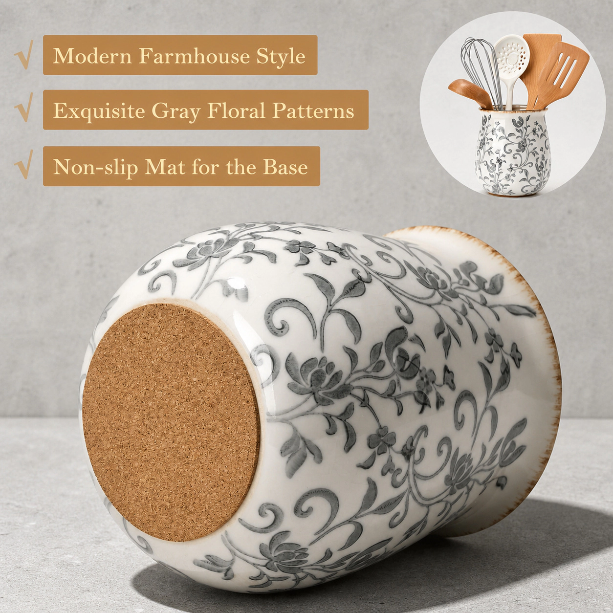 WZK Modern Farmhouse Ceramic Floral Kitchen Utensil Holder