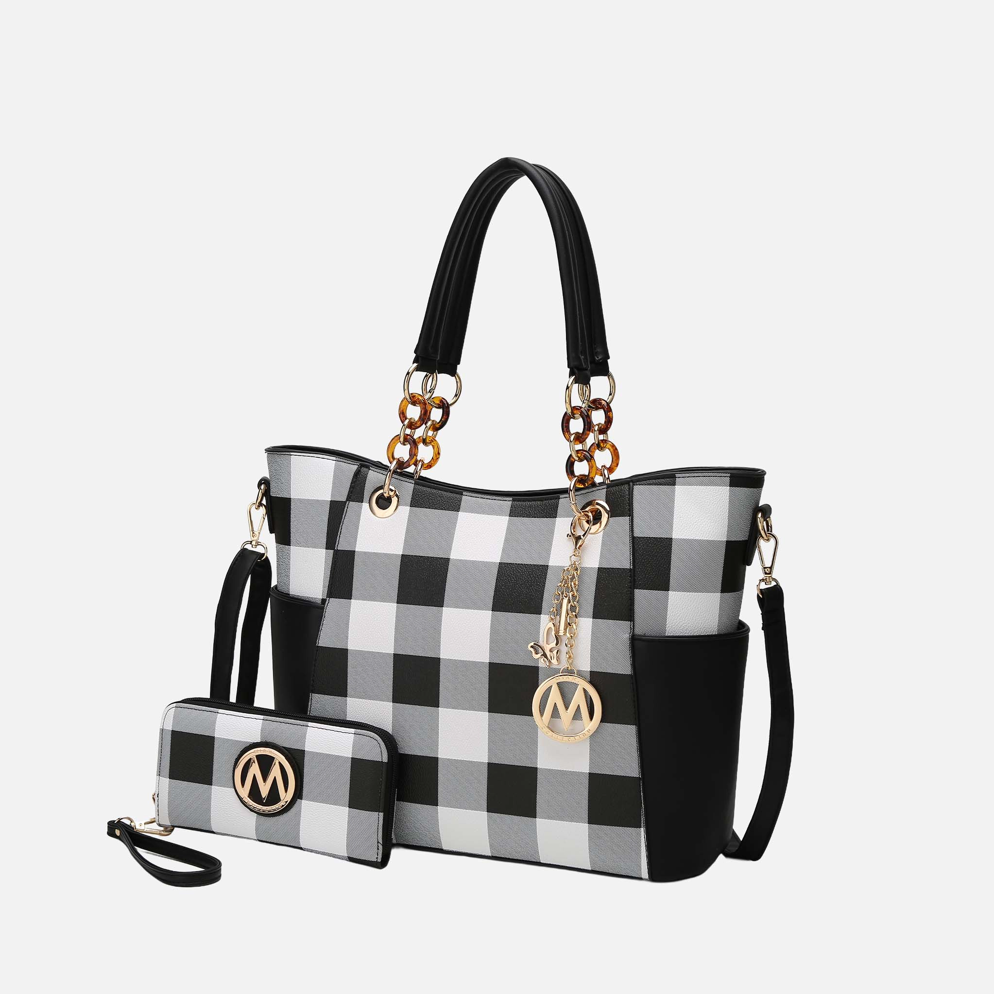 Mia K Collection Bonita Checker Tote Bag with Acrylic Chain Handles and Matching Wallet