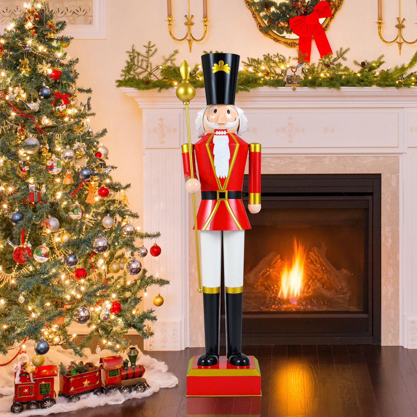 SUGIFT 4-ft Christmas Nutcracker with High Hat and Scepter Holiday Decor Figure Red Black Golden