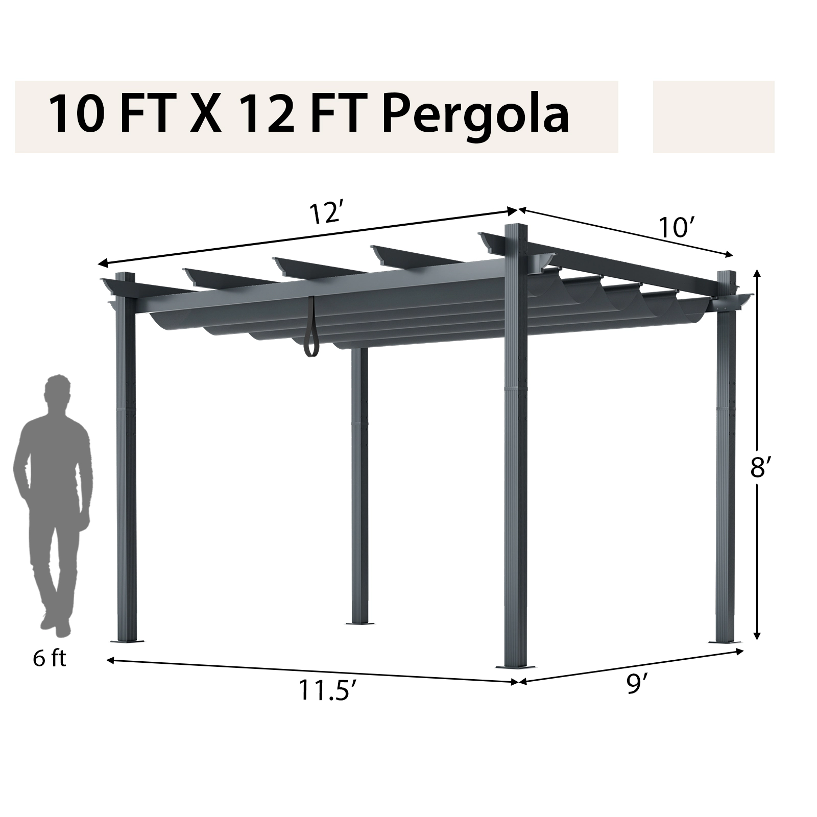 SUGIFT Powder-Coated Aluminum Retractable Pergola Canopy Shelter 10 x 12 in Shade Area Rope Loop & Locking System Gray