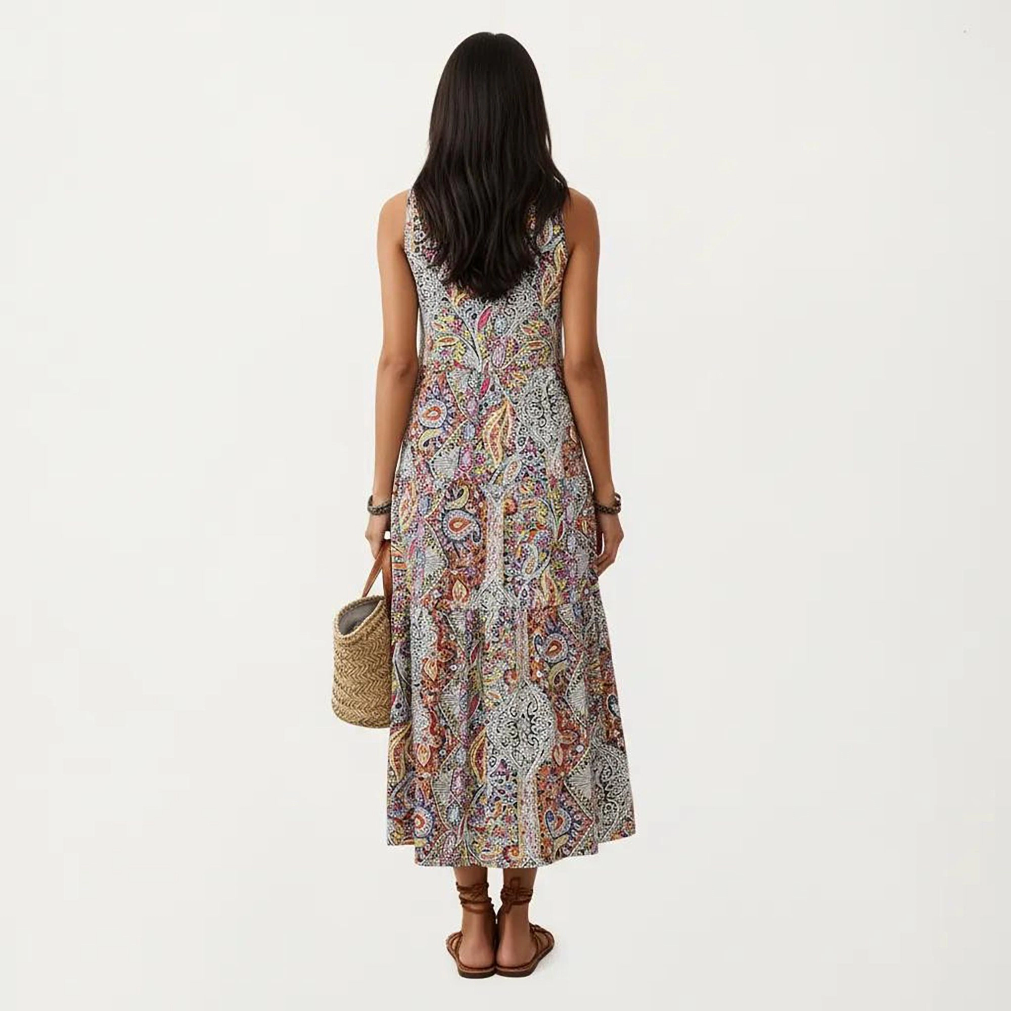 Anna-Kaci Women's Sleeveless Mixed Print Tie Neck Maxi Dress
