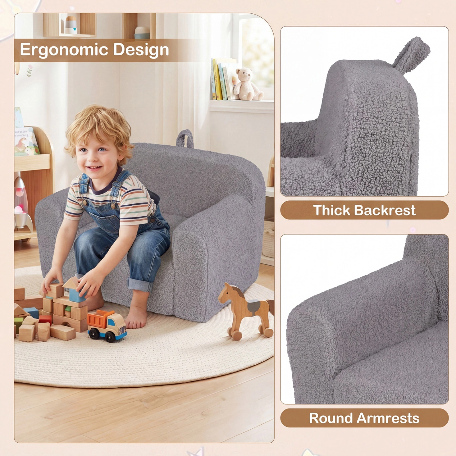 SUGIFT Teddy Fleece Kids Couch Portable Toddler Sofa Chair with Carry Handle 24.5-in Wide Ages 3+ Gray