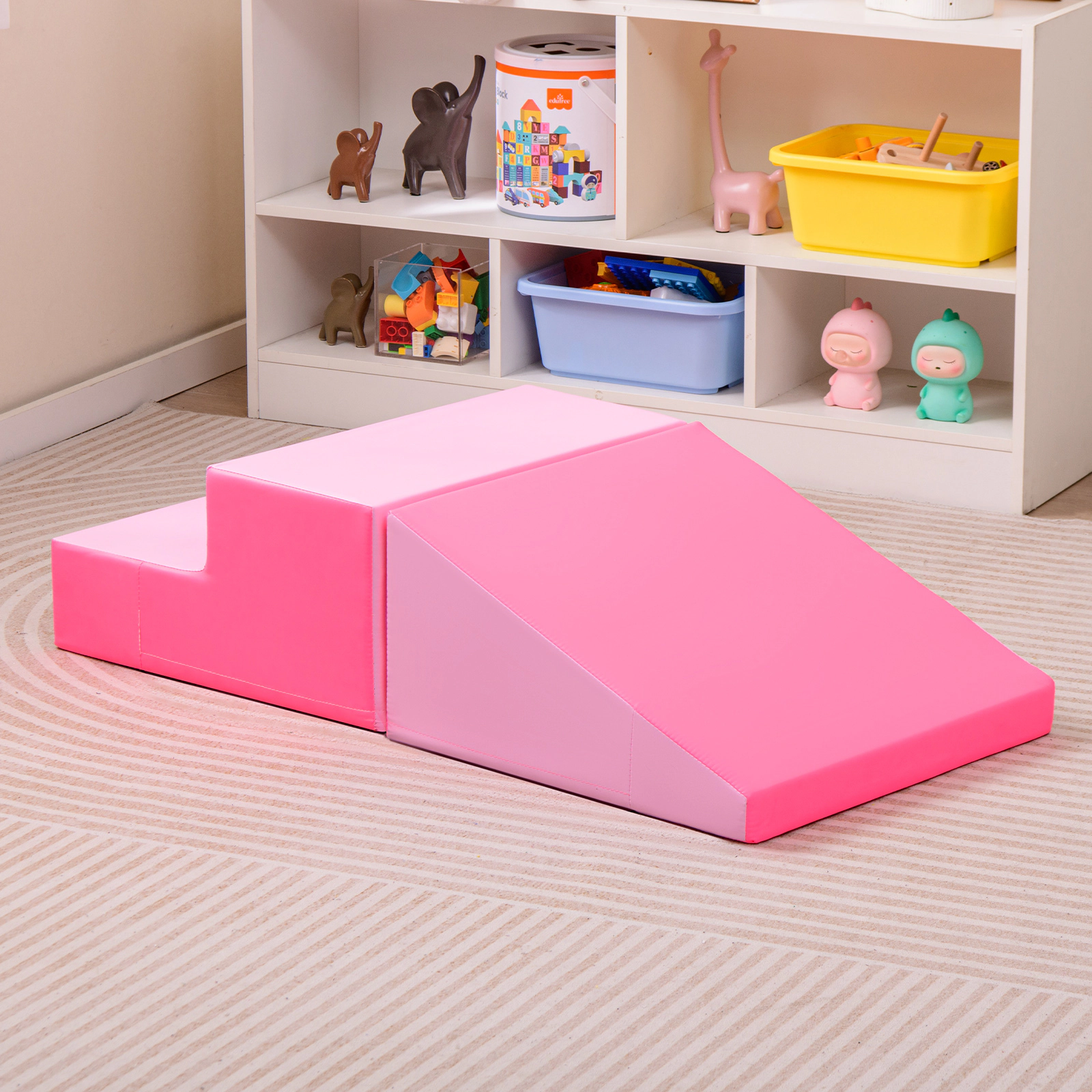 2-Piece Step and Slide Baby Climber Soft Play Foam Block Set Waterproof Removable PU Leather Cover Pink