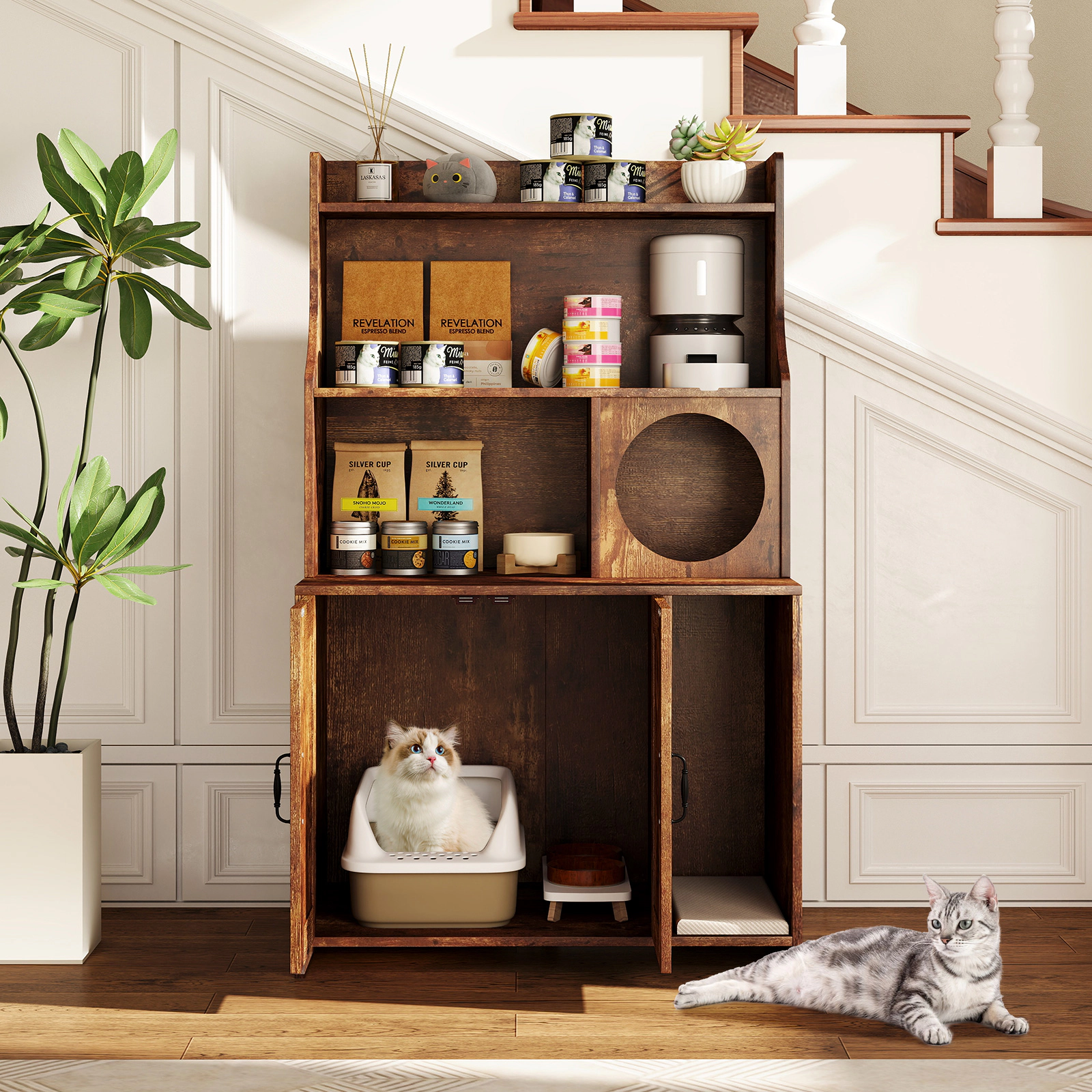 SUGIFT Modern Wooden Cat Litter Box Enclosure with Storage Shelves 66-lb Tabletop Capacity Brown