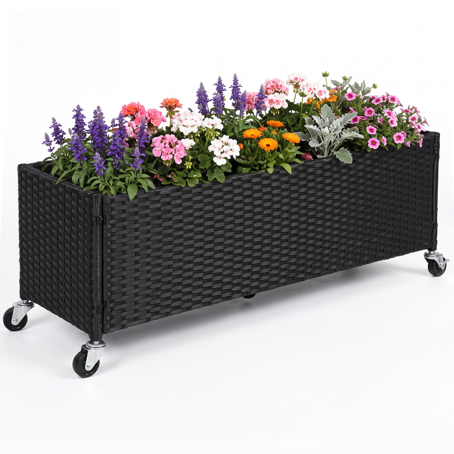 LJG Raised Garden Bed PE Rattan Wicker Patio Planter Box with Liner and Wheels