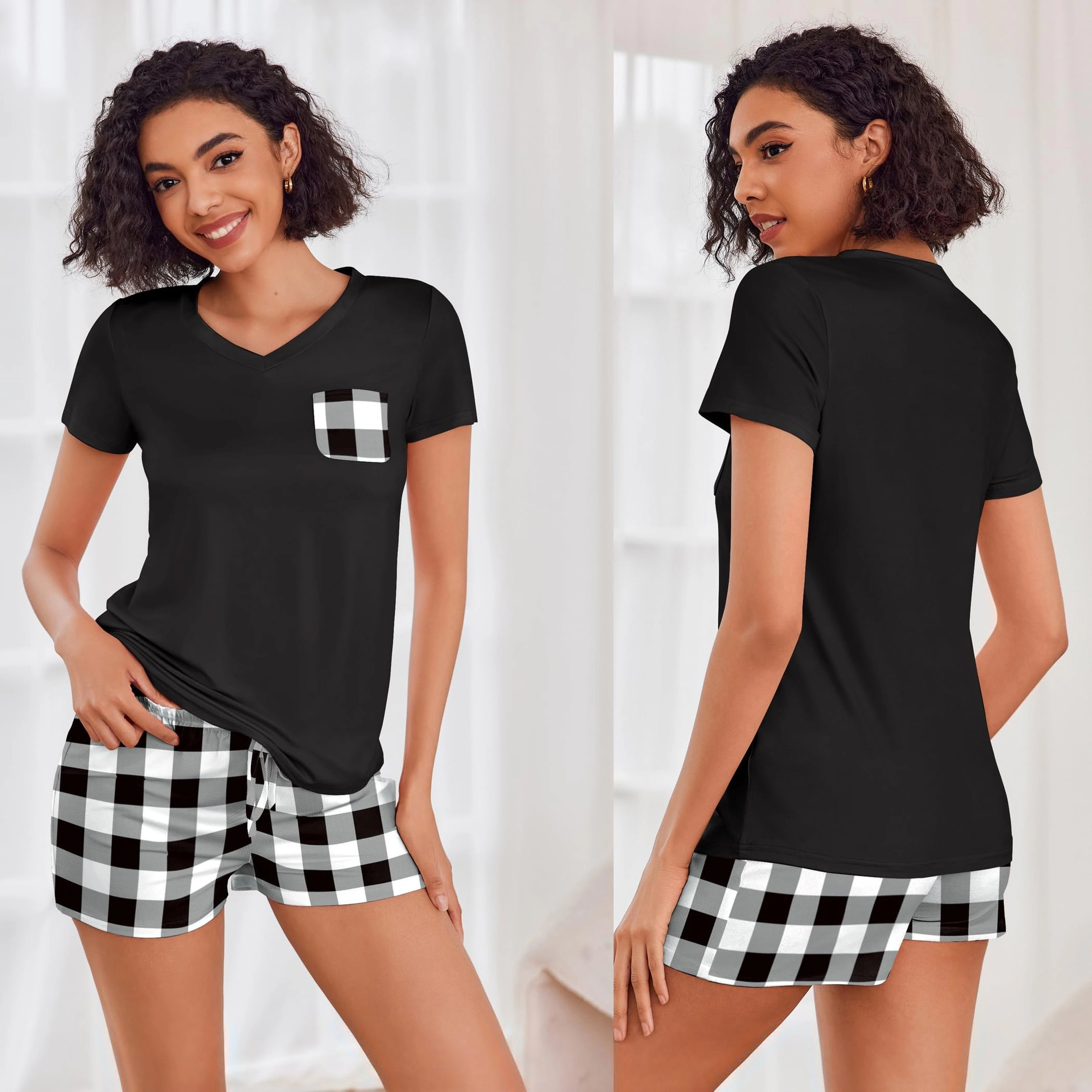 Ekouaer Womens Pajama Sets Short Sleeve Pajamas for Women Soft Lounge Casual V Neck
