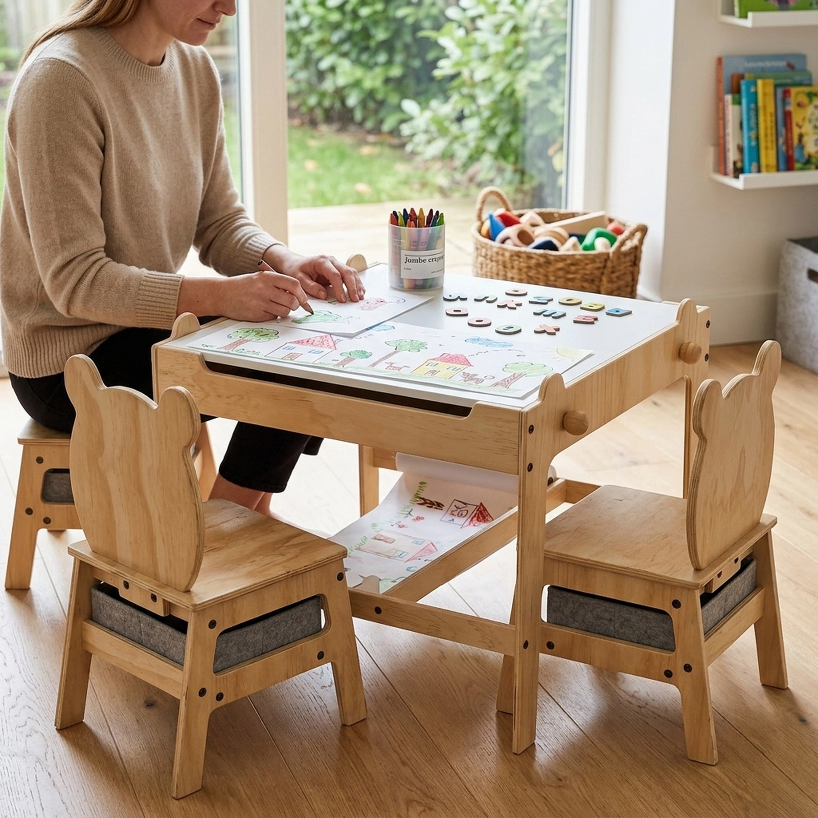 SUGIFT Kids Table and Chairs Set, 4-in-1 Reversible Whiteboard, Panda Chair Backs, 2 Fabric Drawers