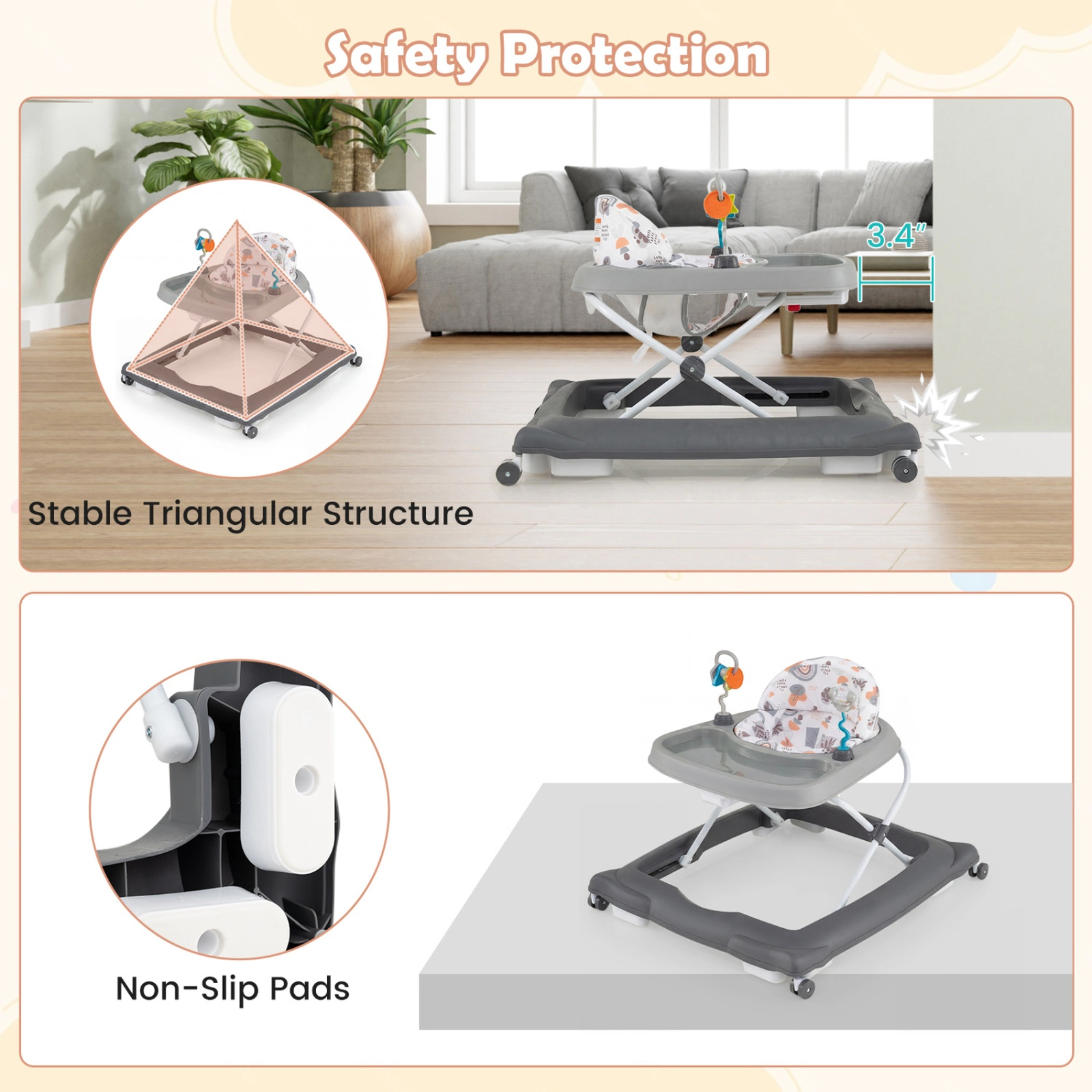 SUGIFT Foldable Baby Walker Gray with Removable Feeding Tray and Shape Sorter Toys