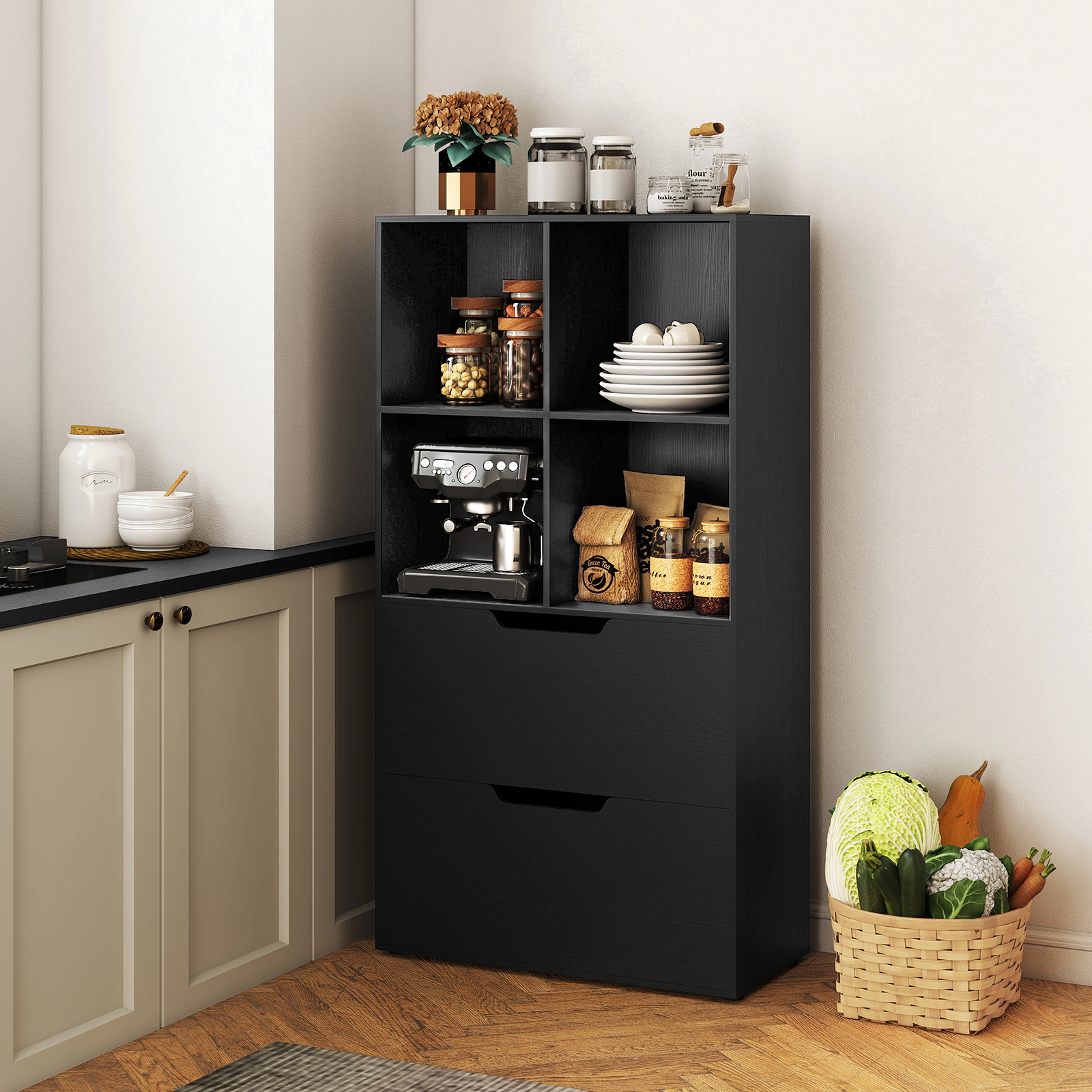Costway 2 PCS 4-Cube Bookcase with Drawers, Tall Freestanding Bookshelf for Living Room Gray