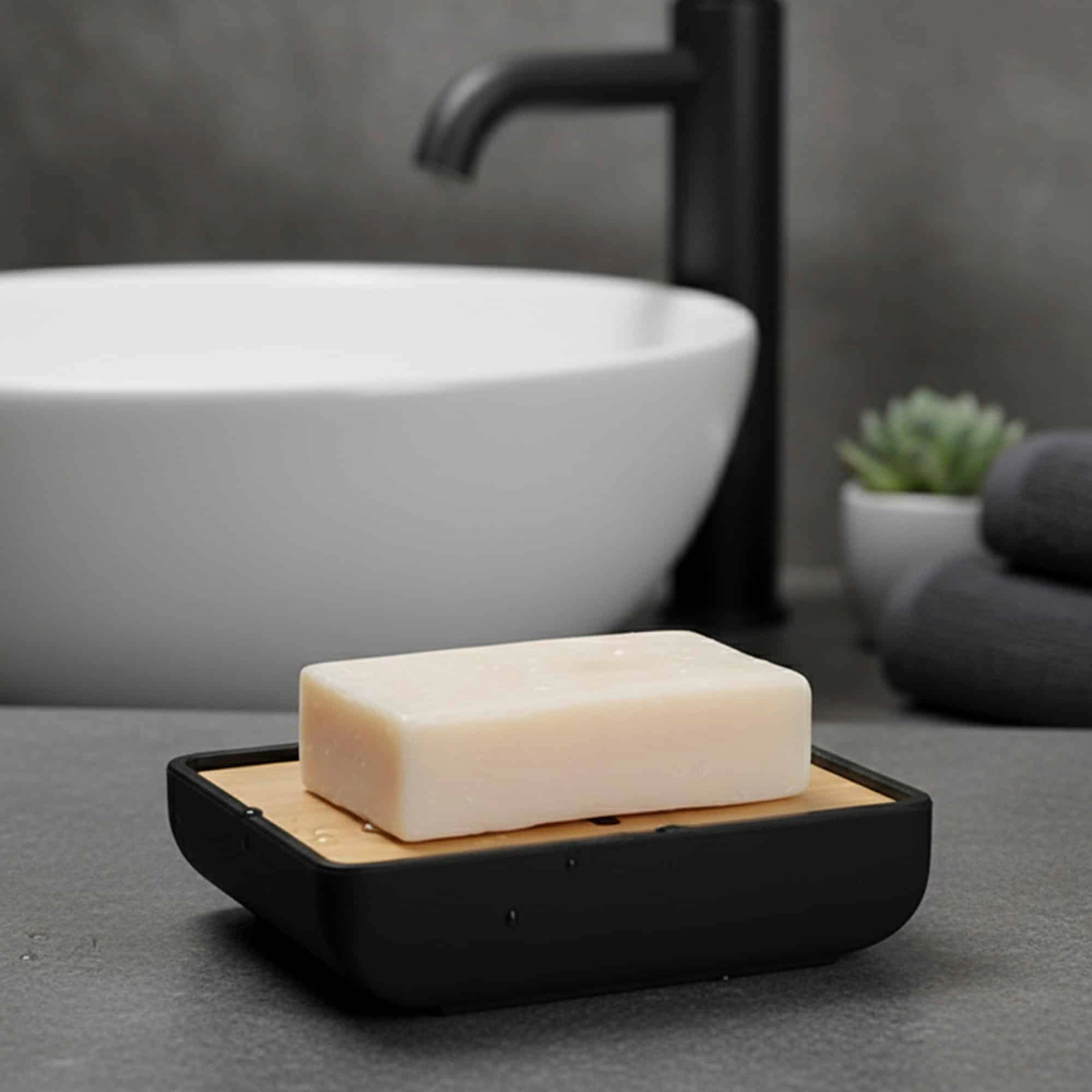 Evideco French Home Goods Urban Two-Piece Soap Dish - Rubber Frame with Removable Acacia Wood Insert