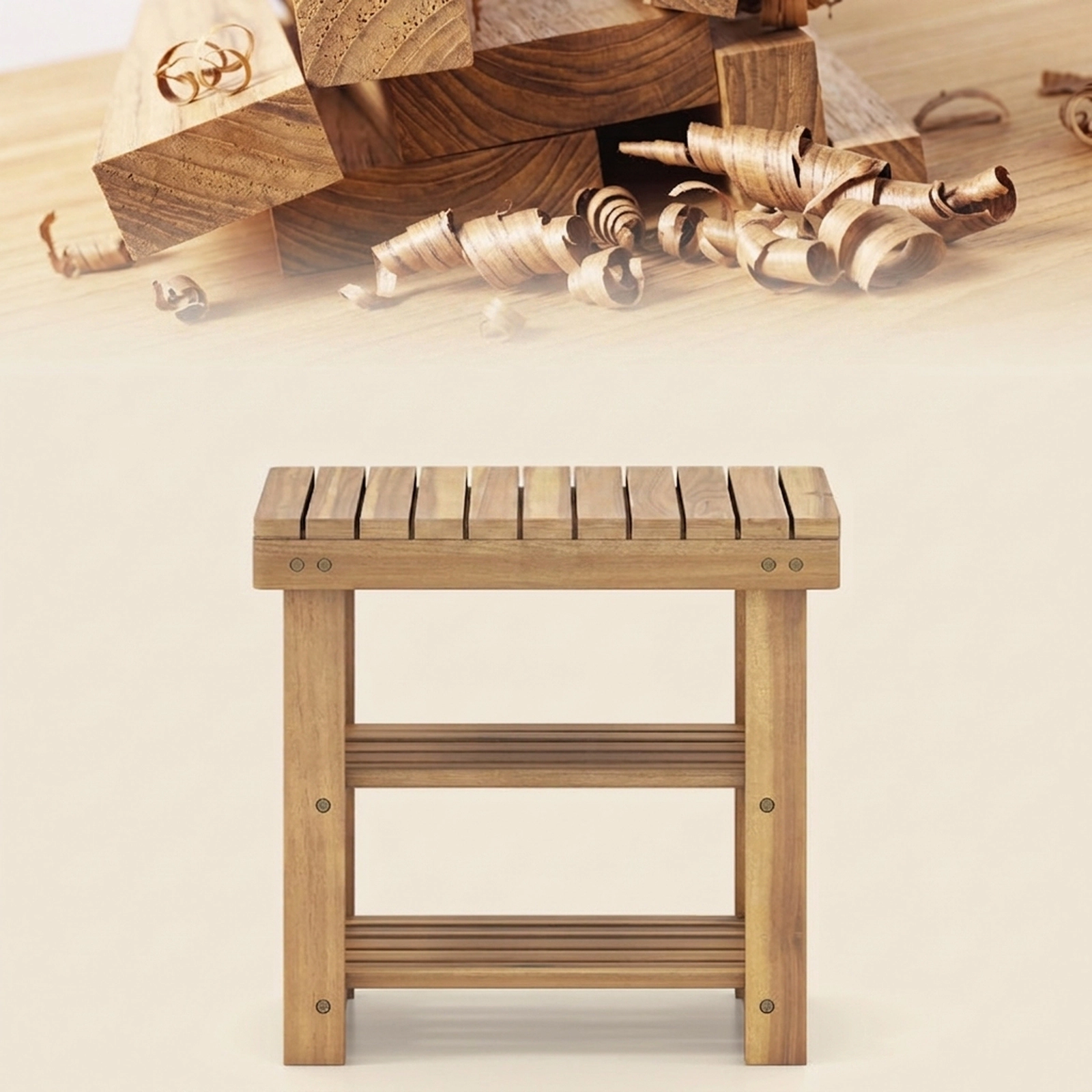 SUGIFT 3-Tier Natural 19-in Teak Wood Shoe Rack Bench with Slatted Seat and Open Shoe Storage Shelves