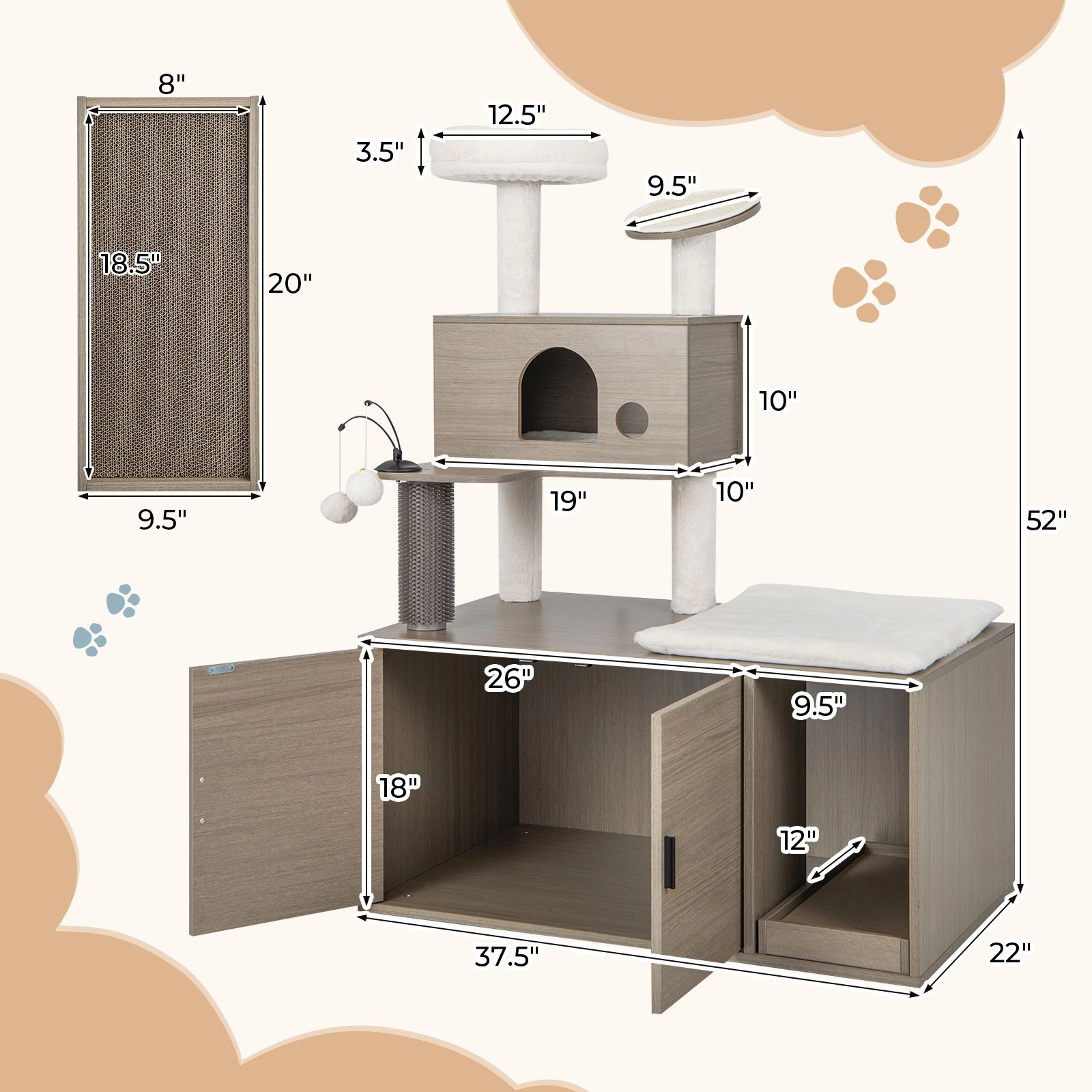 SlickBlue 2-In-1 Unisex Cat Tower with Litter Box and Scratching Board