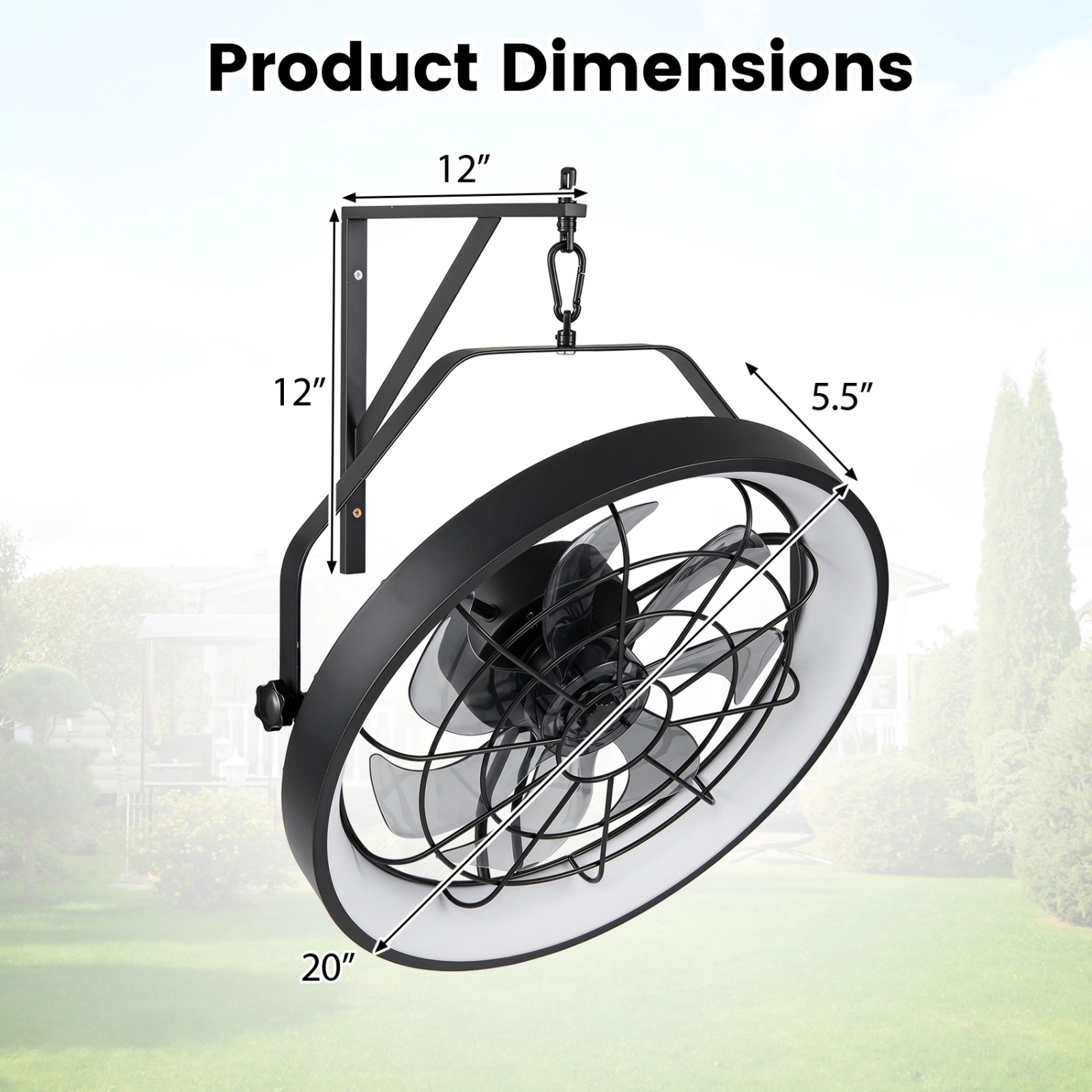 SUGIFT 20-in 6-Speed 180 Degree Adjustable Black Wall Mounted Fan with 3CCT Dimmable LED Light and Timer