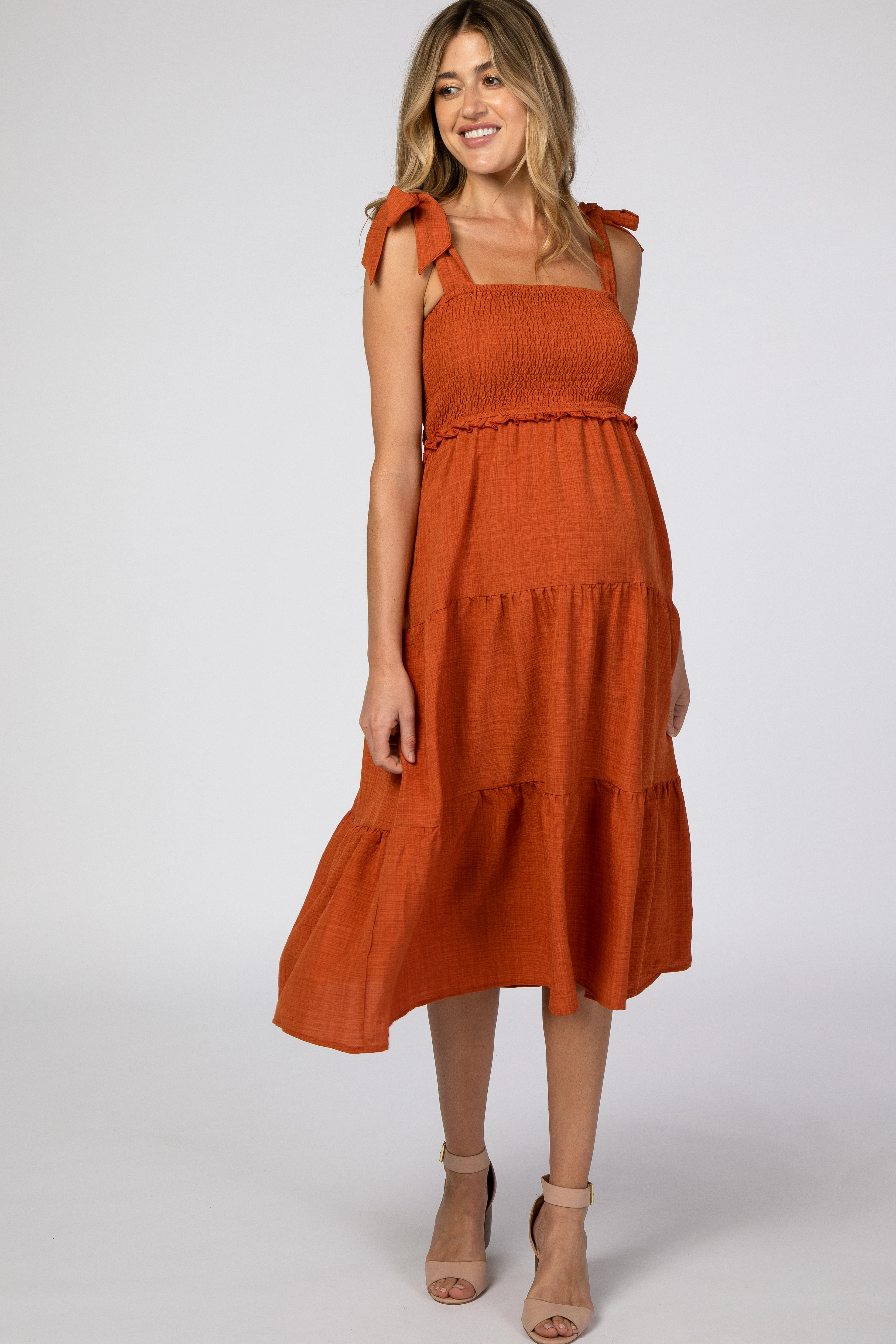 PinkBlush Womens Rust Bow Strap Tiered Maternity Midi Dress