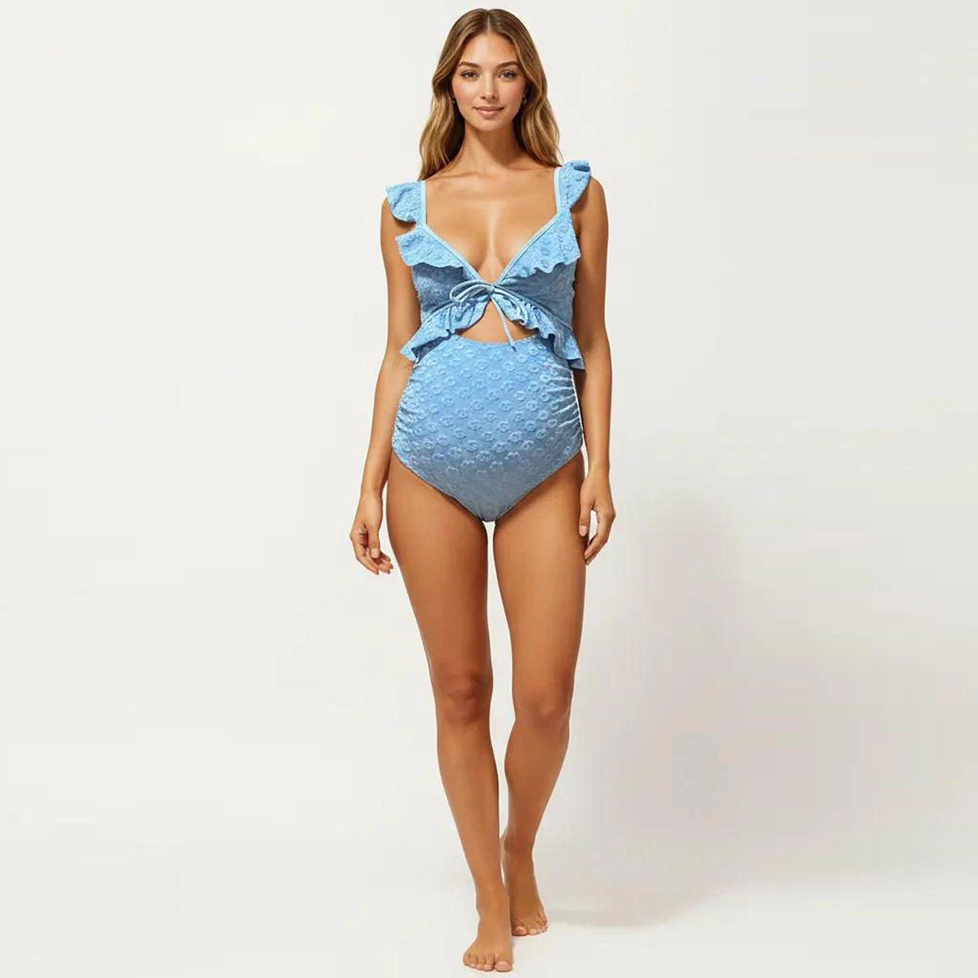 Anna-Kaci Women’s Maternity Ruffle One-Piece Swimsuit - Floral Texture, Front Tie, Blue