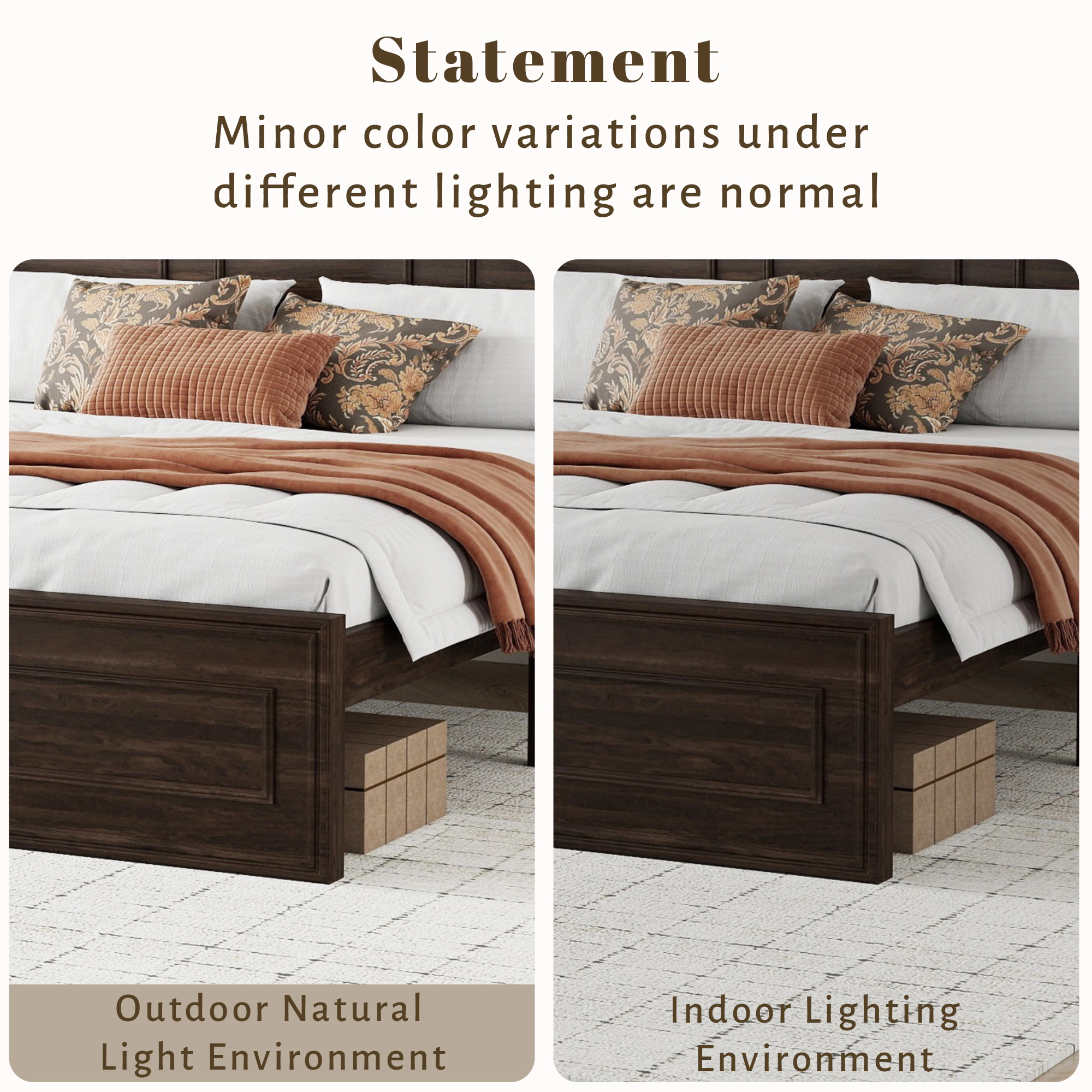 Flynama Queen Bed with Adjustable Height Headboard, Pine Wood Strengthened Frame, Rich Brown