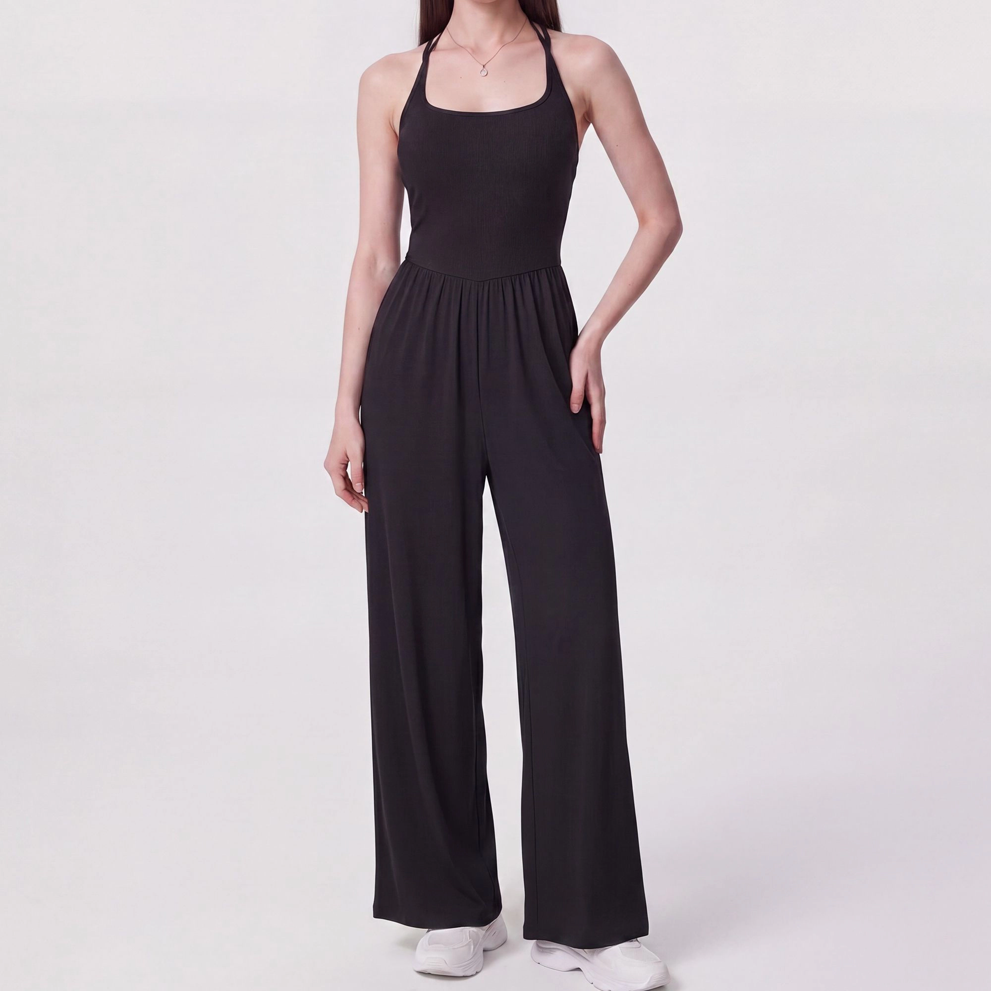 Anna-Kaci Women's Sleeveless Halter Neck Wide Leg Jumpsuit with Ribbed Bodice Gathered Waist and Flowy Pants