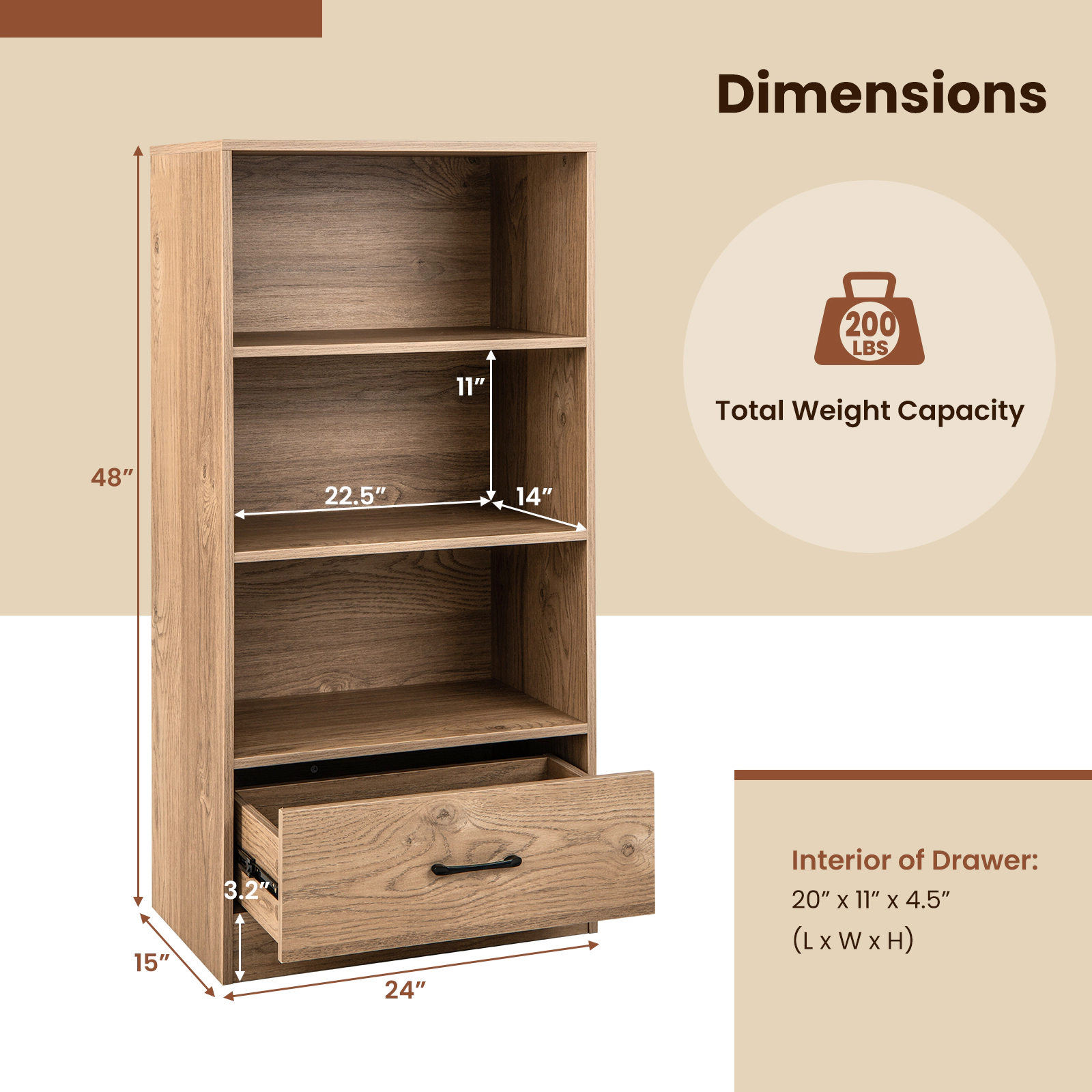 SUGIFT 4-Tier Storage Bookcase with Drawer and Anti-Toppling Device
