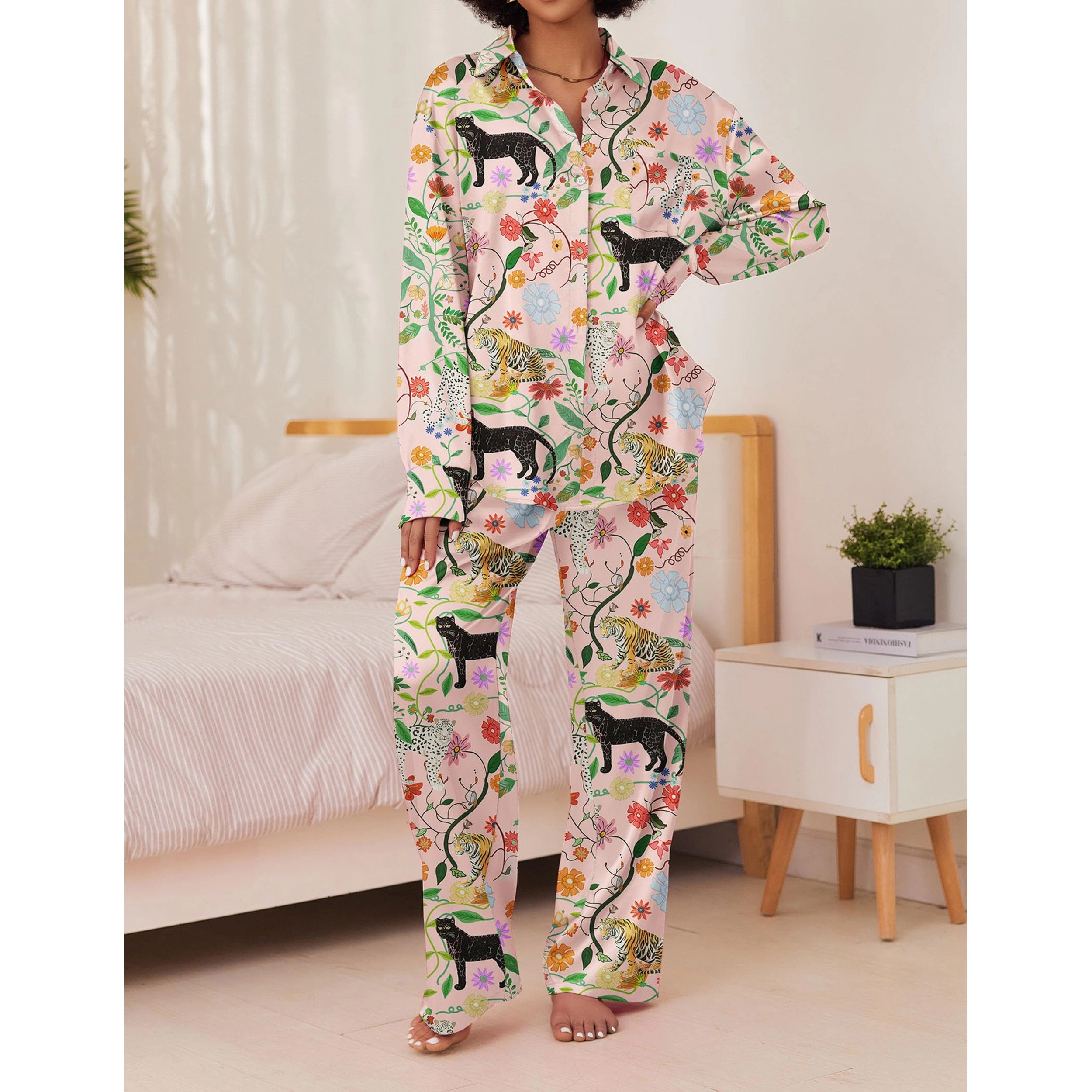 Ekouaer Womens Satin Silky Sets Two Piece Animal Print Button Down Long Sleeve Outfits