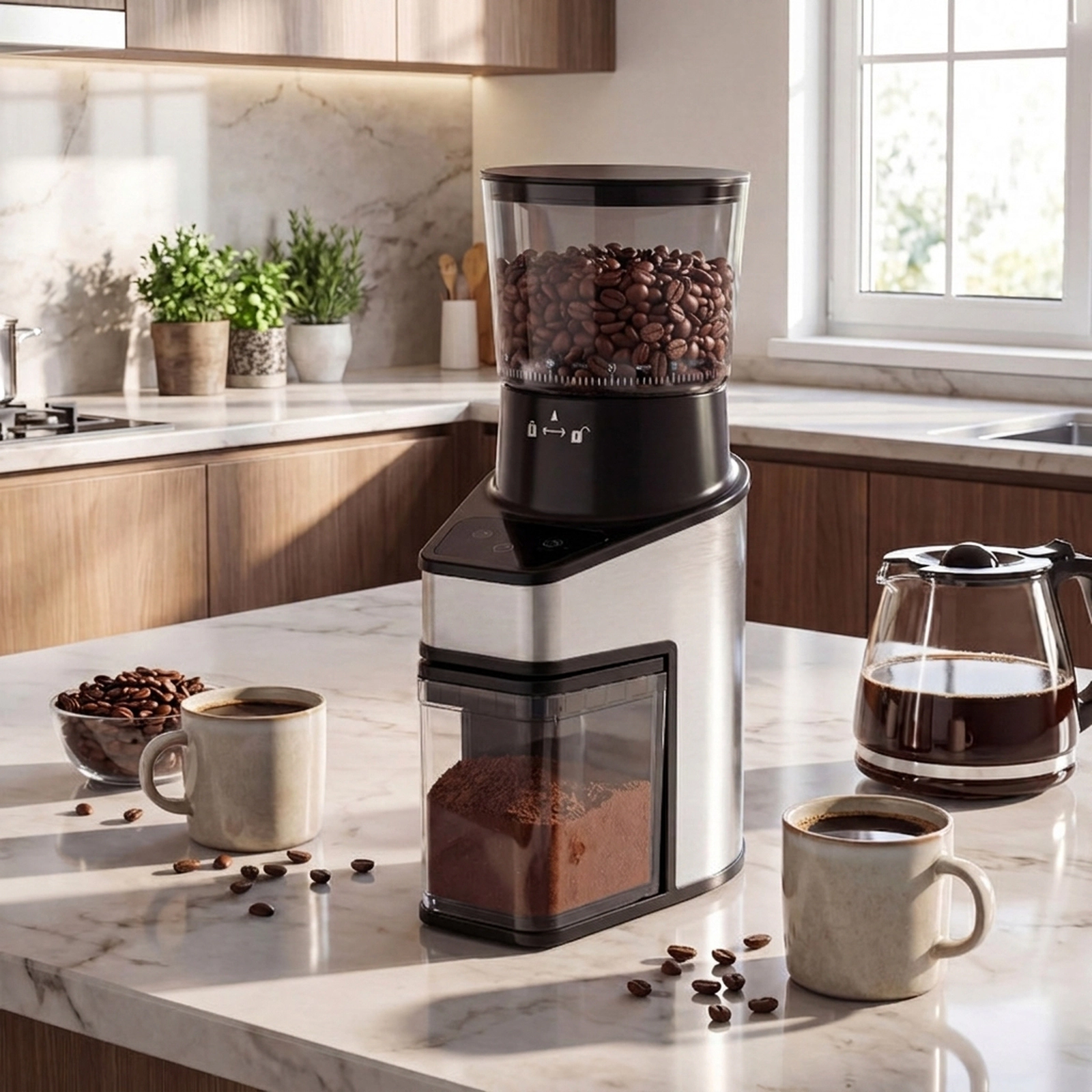 SUGIFT Conical Burr Electric Coffee Grinder 60 Grind Settings 8.8-oz Bean Hopper 1-8 Cups Digital Display Silver + Black