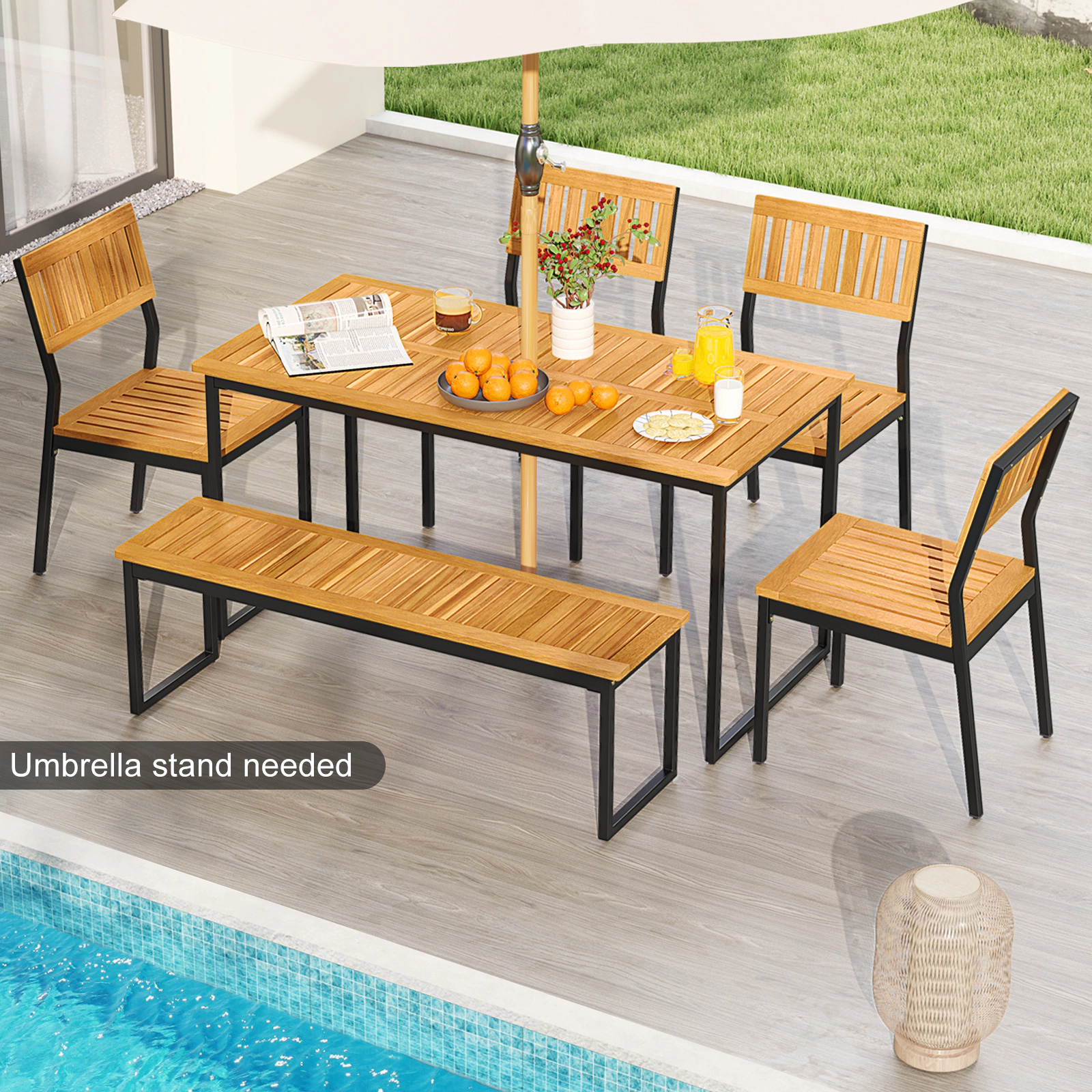 LJG 6 Pieces Outdoor Acacia Wood Dining Set with Bench and 2 Inches Umbrella Hole