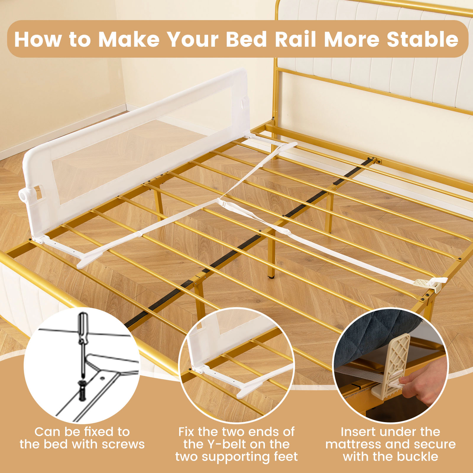 SUGIFT Adjustable Safety Strap 60-in Foldable Toddler Bed Rail Swing Down Bed Guard