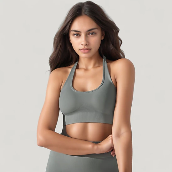 Anna-Kaci Women's Seamless Halter Neck Athletic Crop Top with Ribbed Detailing