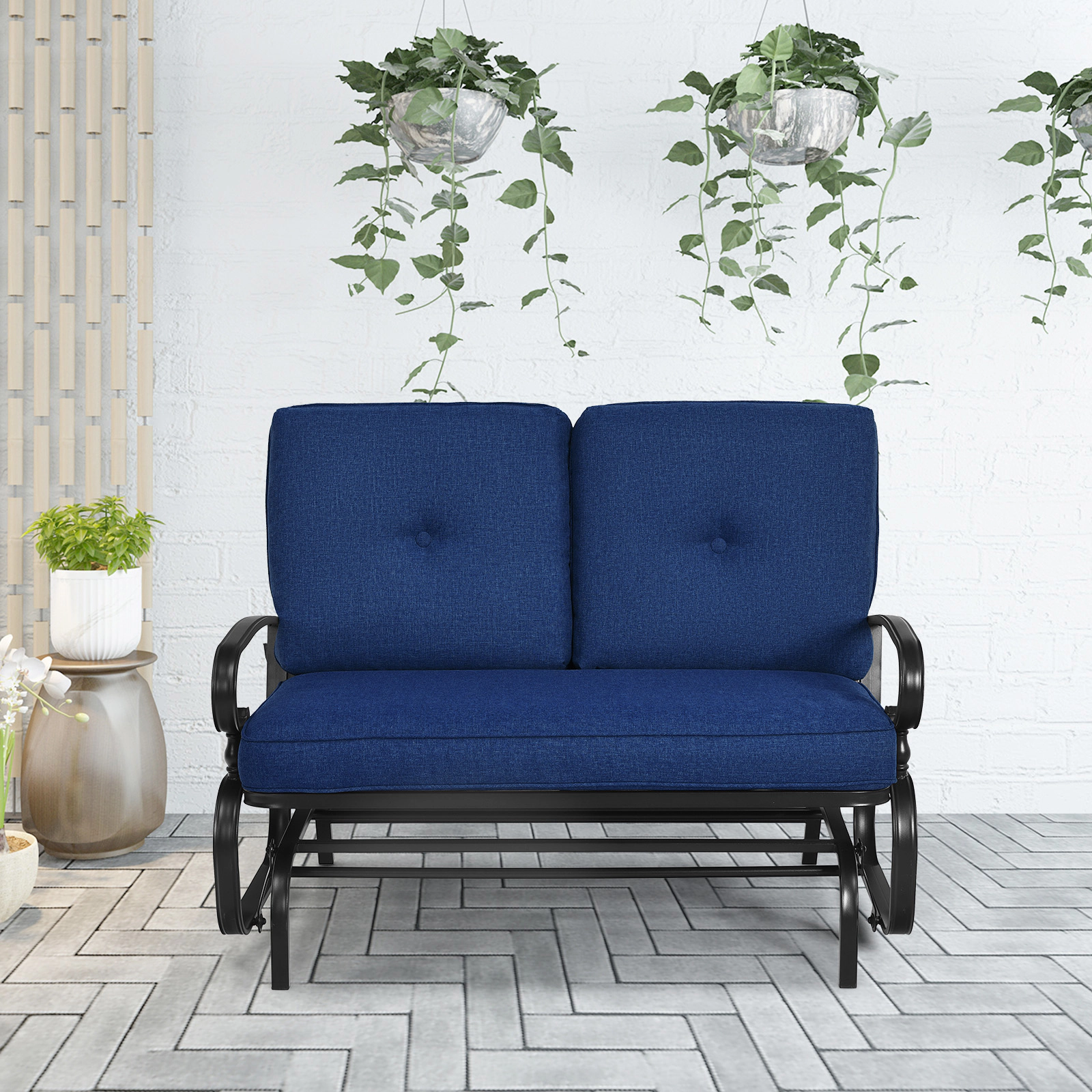 SUGIFT 2-Person Navy Outdoor Glider Swing with Olefin Cushions 47.5-in W 27-in D 33.5-in H 440-lb Seat Capacity