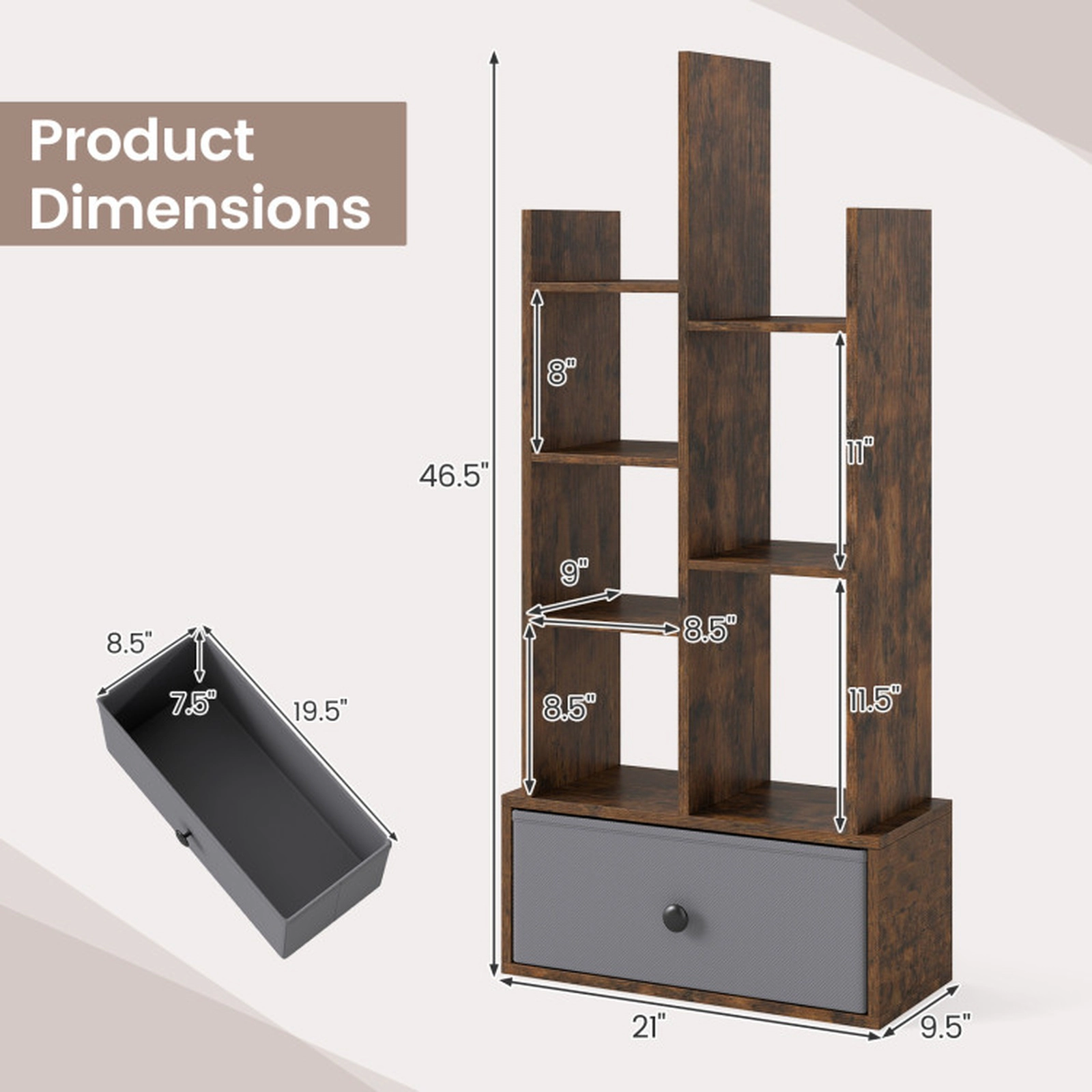SUGIFT 7-Tier Open-Back Engineered Wood Bookshelf with Drawer 33-lb Shelf Capacity 21-in Wide Rustic Brown and White