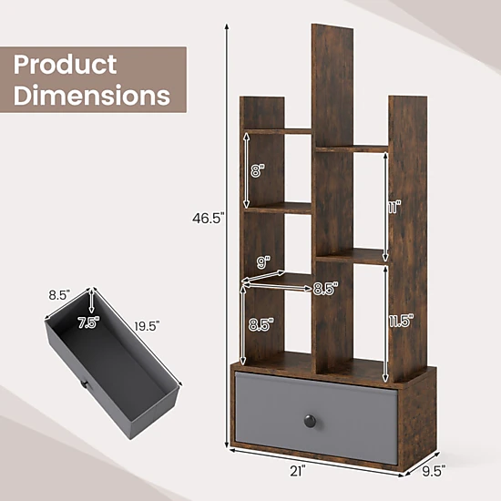 SUGIFT 7-Tier Open-Back Engineered Wood Bookshelf with Drawer 33-lb Shelf Capacity 21-in Wide Rustic Brown and White