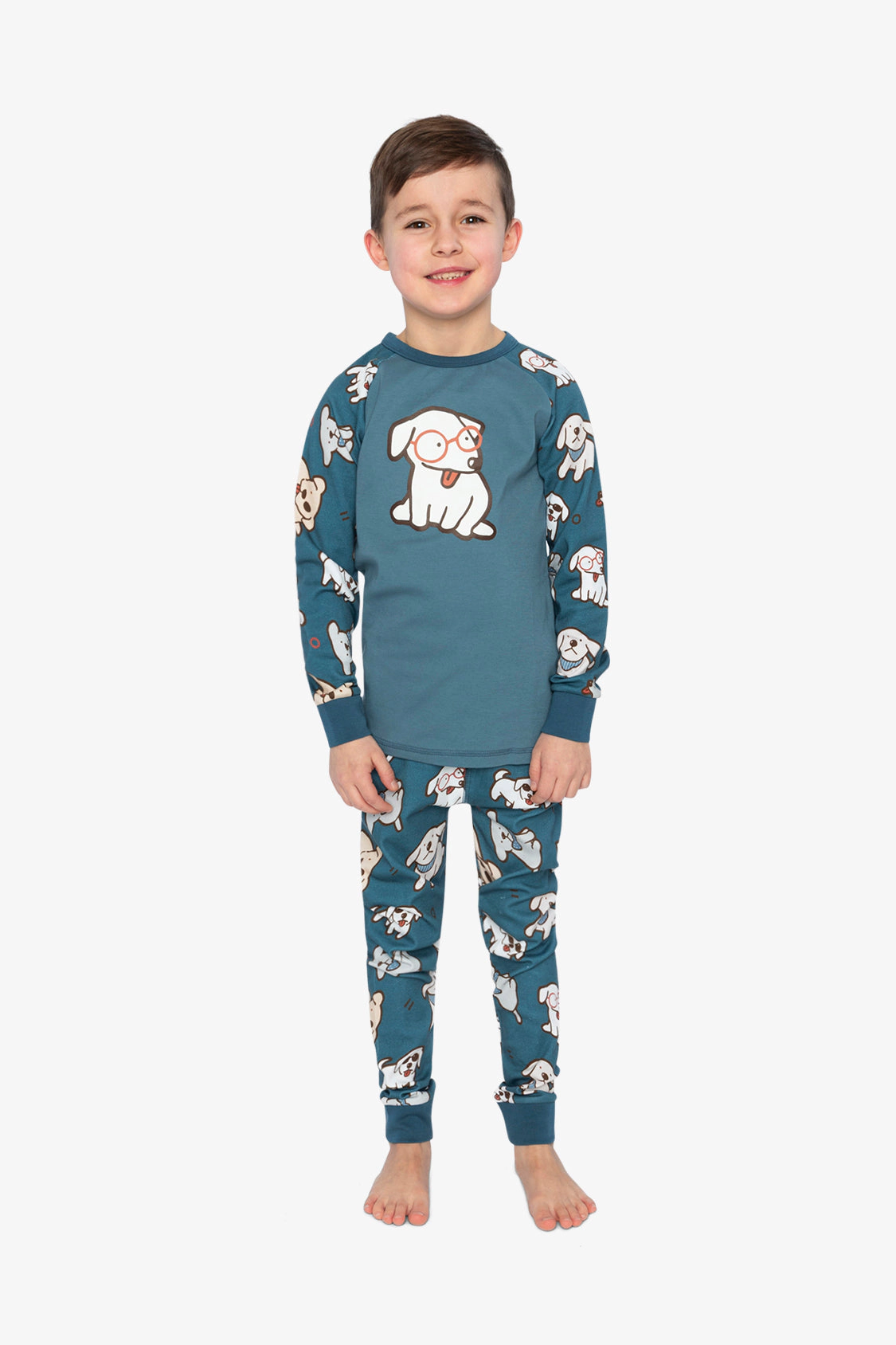 Deux par Deux Boys Organic Cotton Dog Print Two Piece Pajama Set with Raglan Sleeve Top and Waist Pants