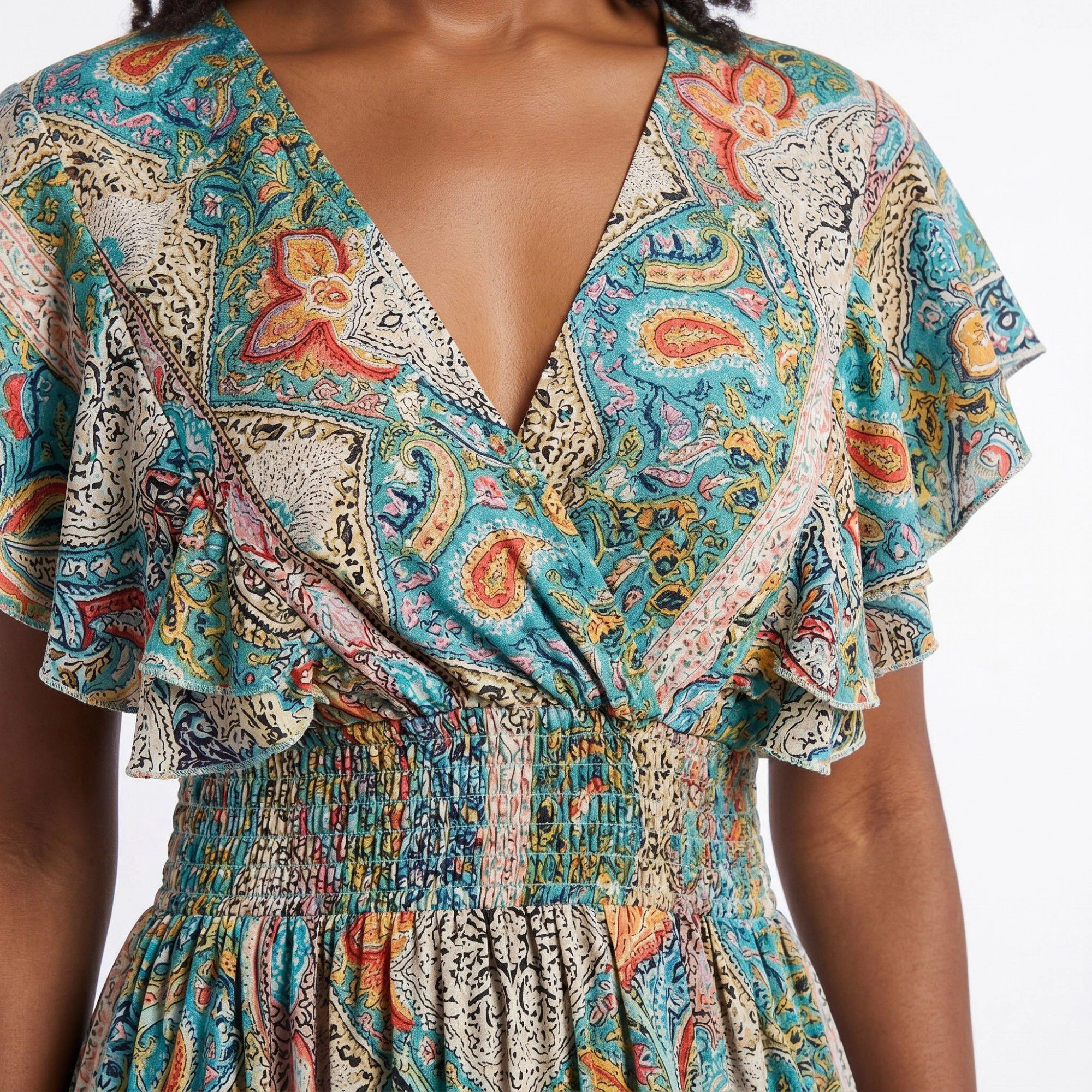 Anna-Kaci Women's Paisley Print V-Neck Flutter Sleeves Smocked Waist Side Slit Maxi Dress