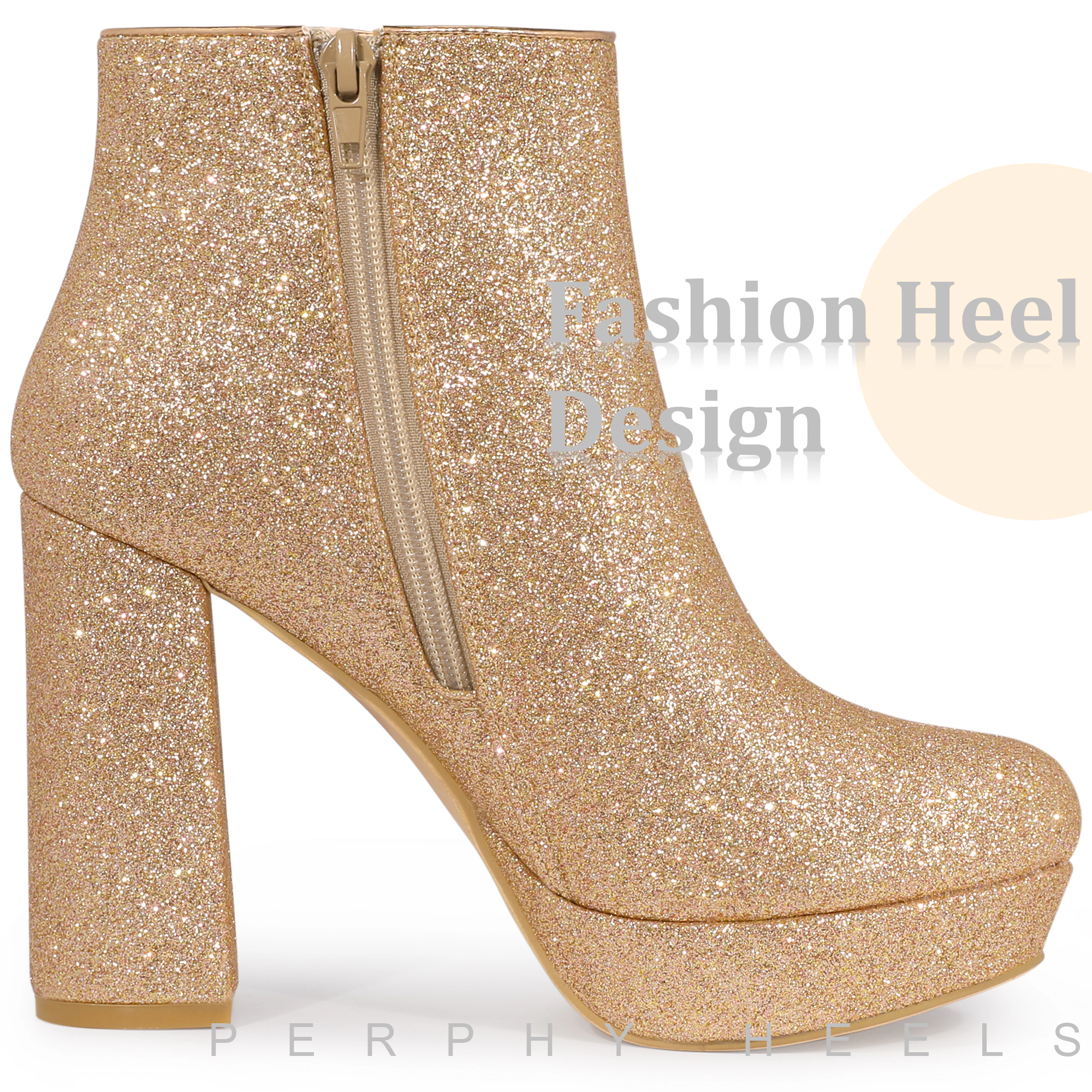 BLISSFUL STEP Women Glitter Platform Round Toe Chunky Heel Ankle Boots Side Zip