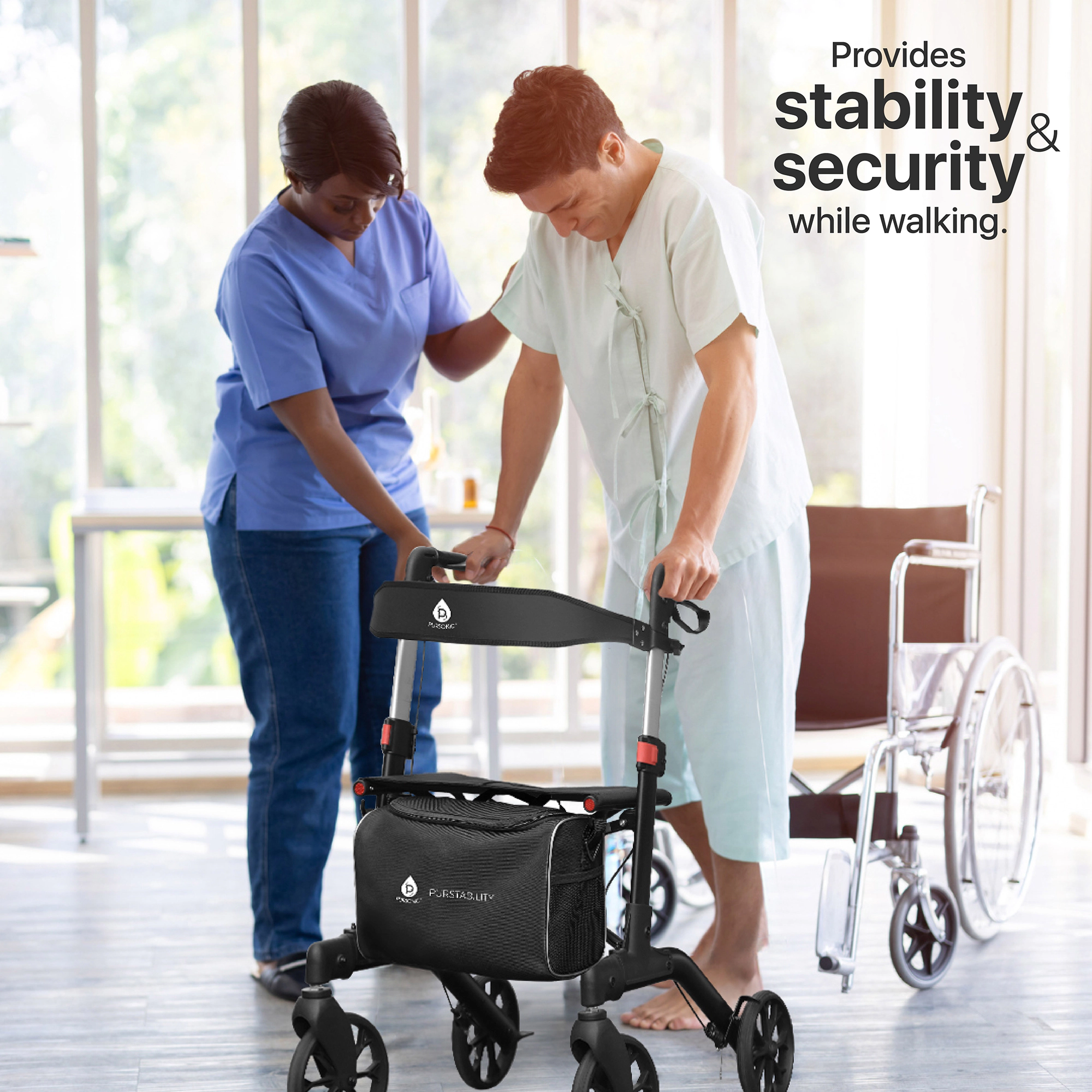 Pursonic Foldable Wheeled Walker with Backrest and Bag - Adjustable Height and Lightweight