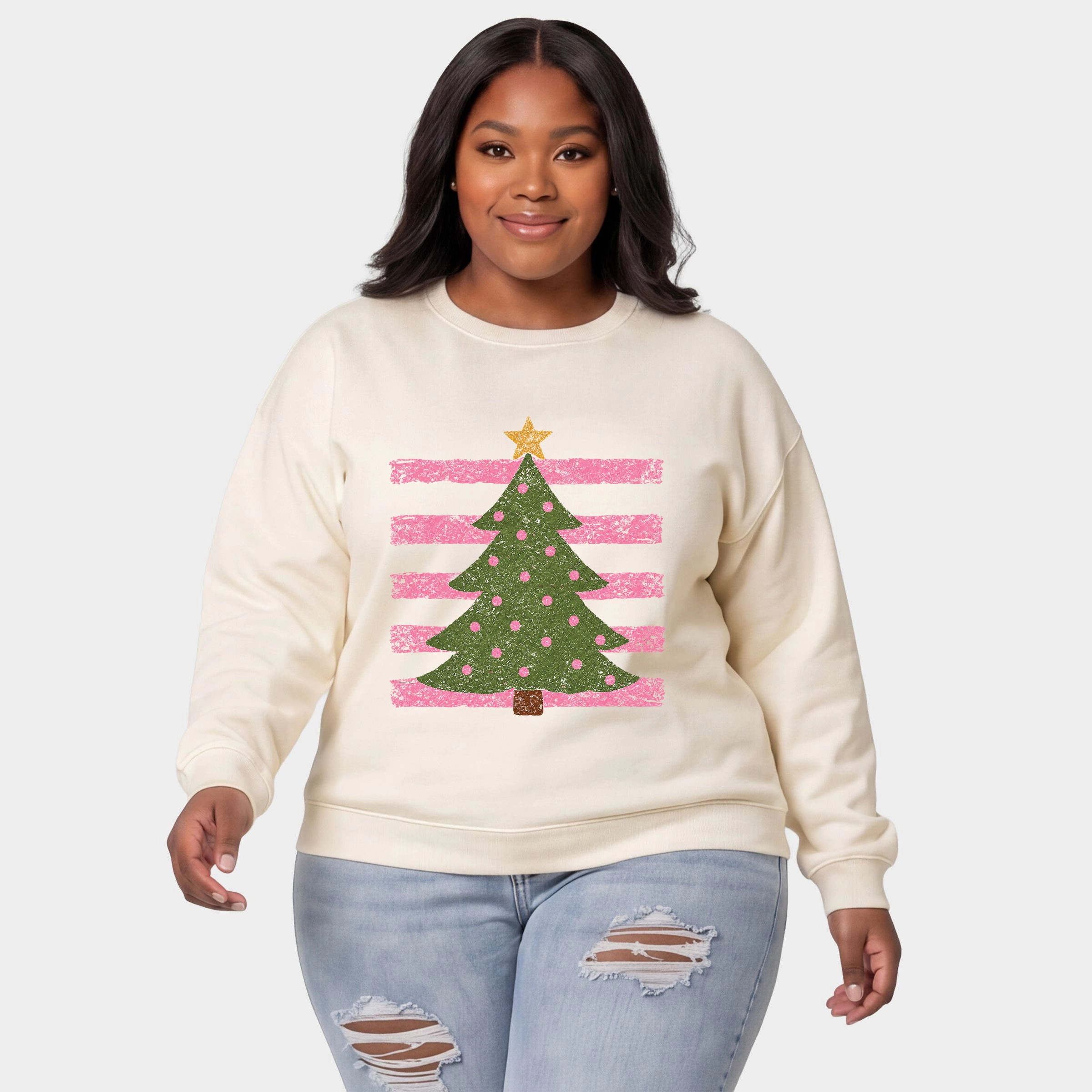 Simply Sage Market - Women's Plus Sweatshirt Christmas Tree Pink Stripes