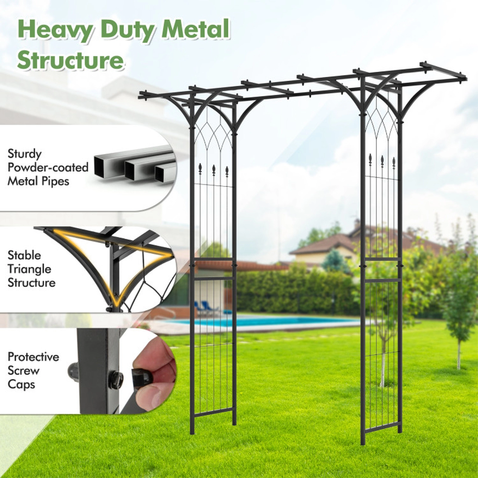 SUGIFT 6.8-ft Black Metal Climbing Plant Garden Arbor Arch Trellis with Flat Roof and 4 Ground Stakes