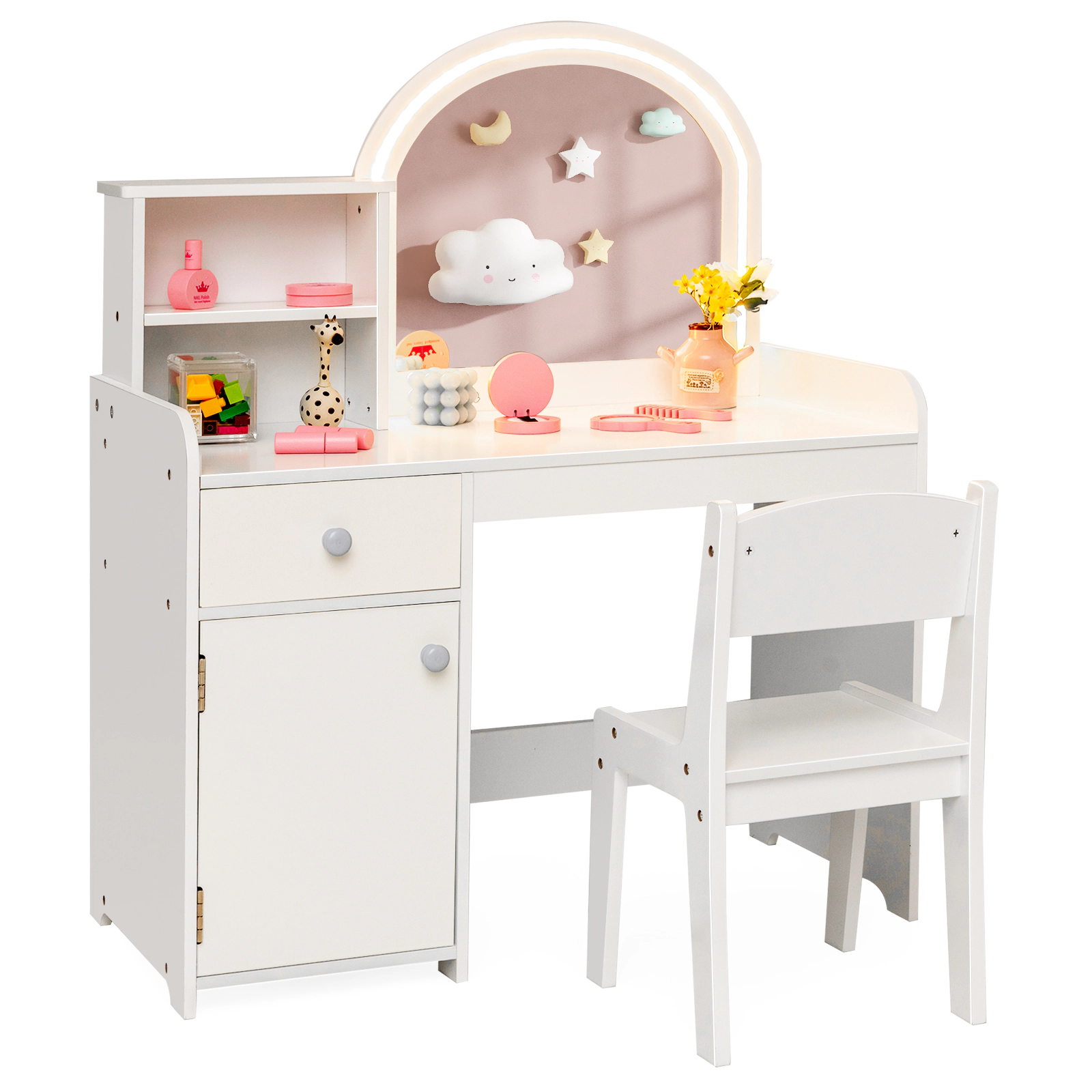 SUGIFT Kids Vanity Table and Chair Set with Shelves Drawer Cabinet and LED Mirror 110-lb Capacity Ages 3+ White