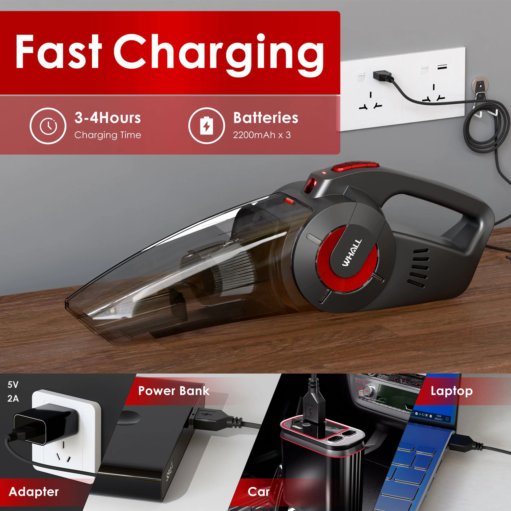 WHALL - Cordless Handheld Car Vacuum, 9KPa Strong Suction, Wet/Dry Use, Rechargeable Portable Cleaner with LED Light
