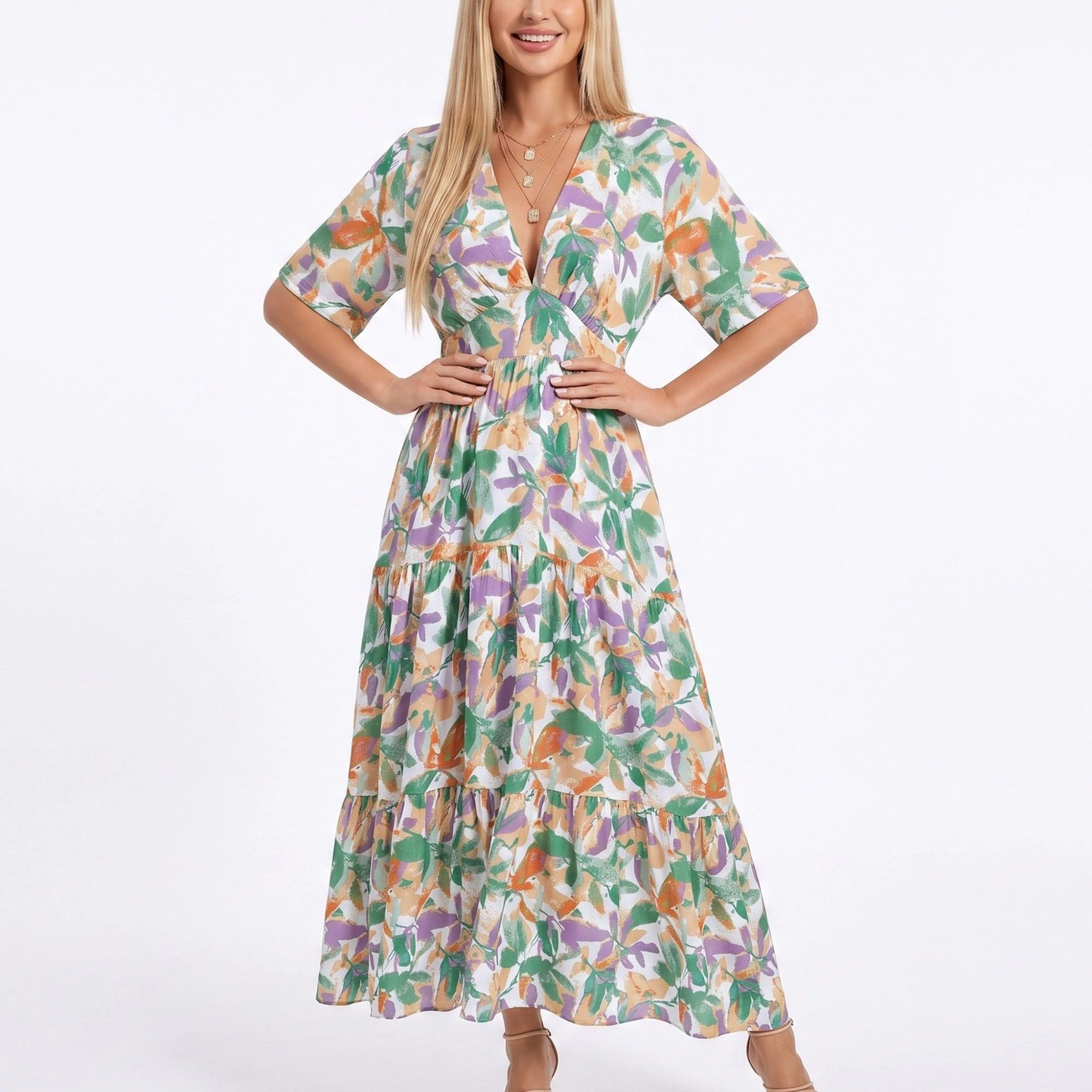 Anna-Kaci Women's Abstract Floral V-Neck Tiered Maxi Dress
