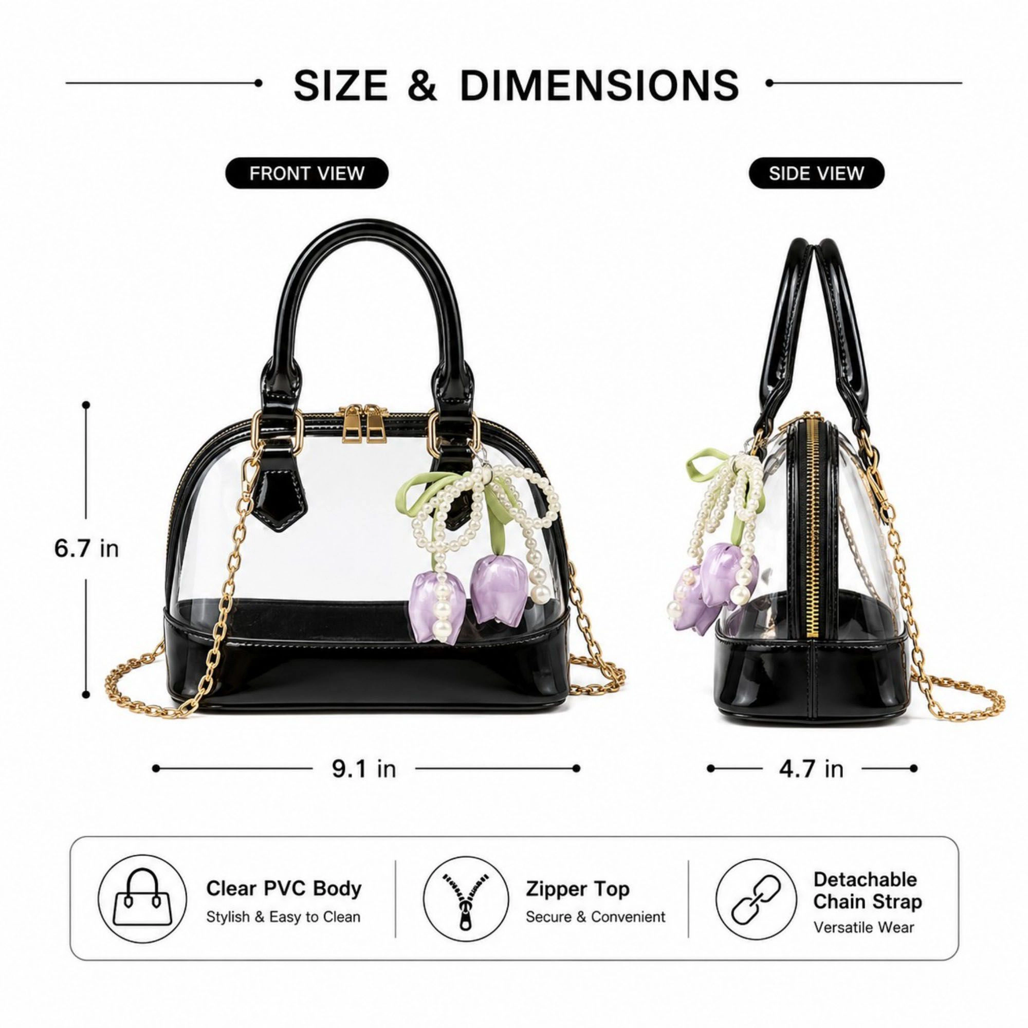 Alilang Women's Clear PVC Mini Satchel Bag with Chain Strap and Floral Pearl Charm
