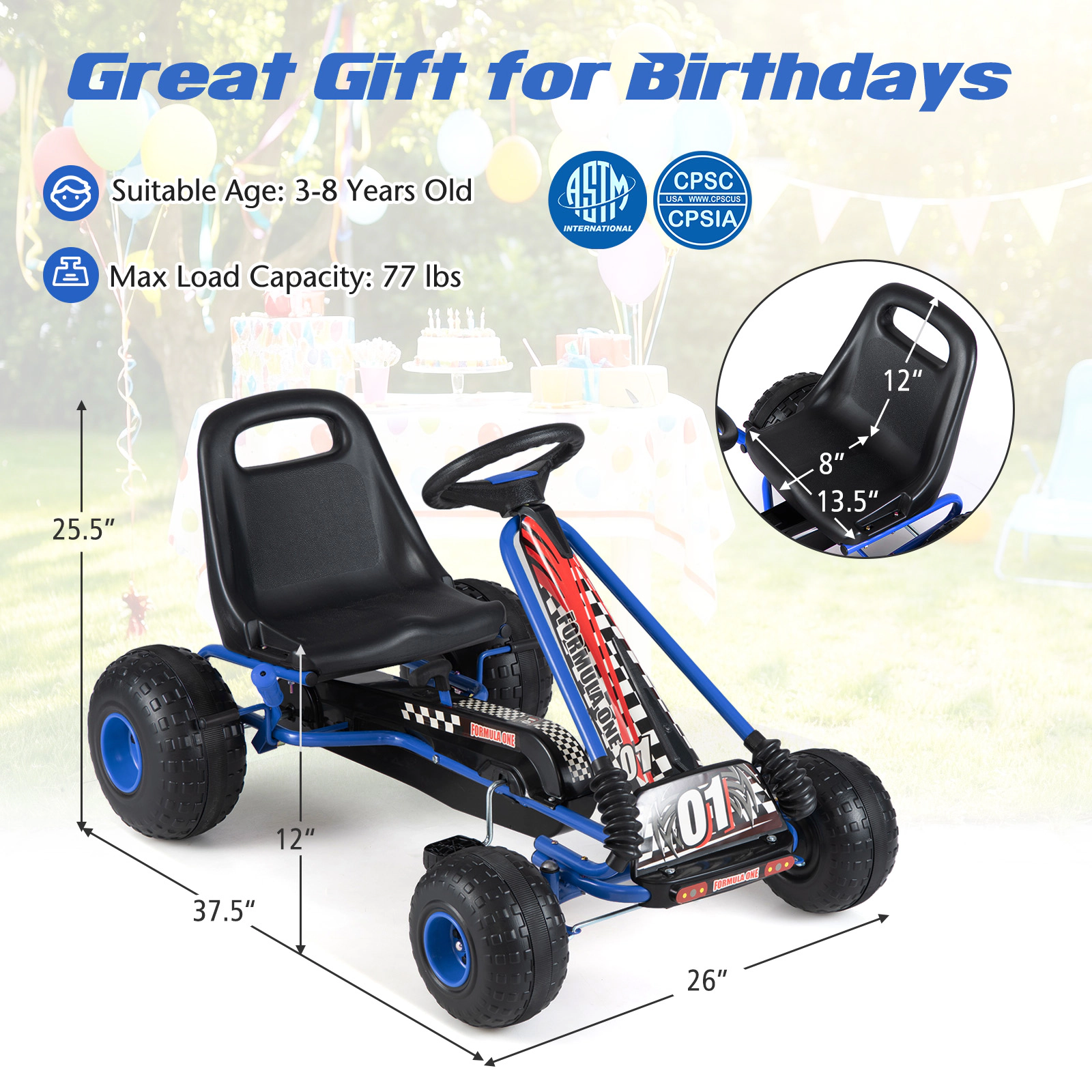4-Wheel Kids Pedal Go Kart Low Center of Gravity Dual Clutch Modes Hand Brake Multi-Terrain Wheels Ages 3-8 Blue