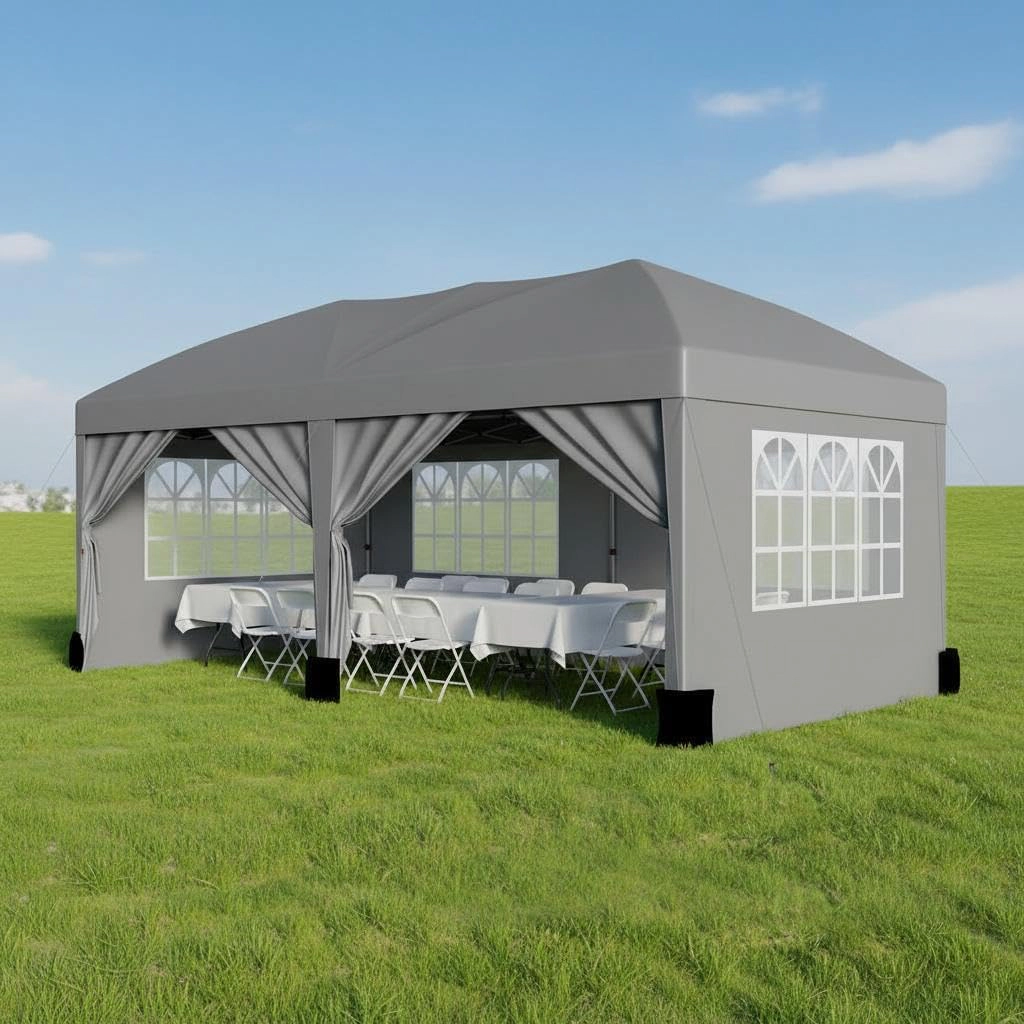 Enjyam 10x20ft Party Tent, 6 Sidewalls, Waterproof Pop Up Canopy, Heavy Duty, All Season with Stakes Ropes Bag