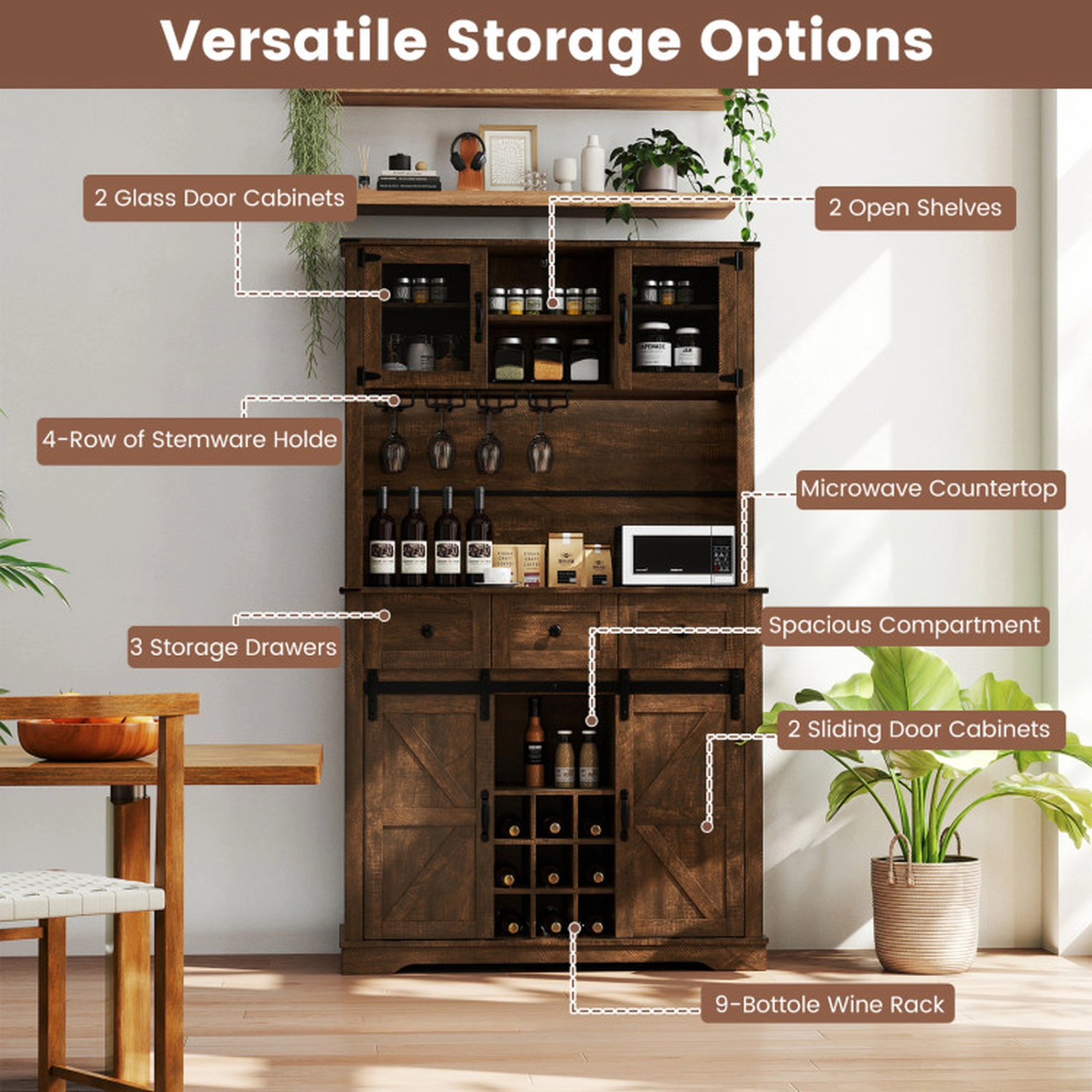 SUGIFT Coffee Bar Sideboard Cabinet with Glass Hutch Drawers Wine Rack 150-lb Countertop Capacity Brown